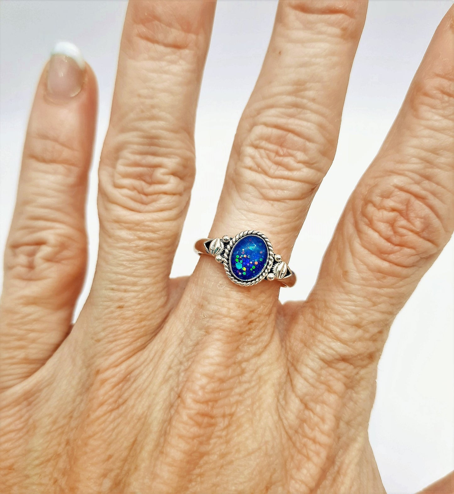 Handcrafted / Handmade Antiqued 925 Sterling Silver Ring, Made with Iridescent Dark Blue Resin, Mica, and Holographic Powder