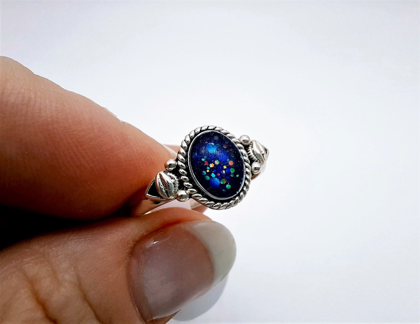 Handcrafted / Handmade Antiqued 925 Sterling Silver Ring, Made with Iridescent Dark Blue Resin, Mica, and Holographic Powder