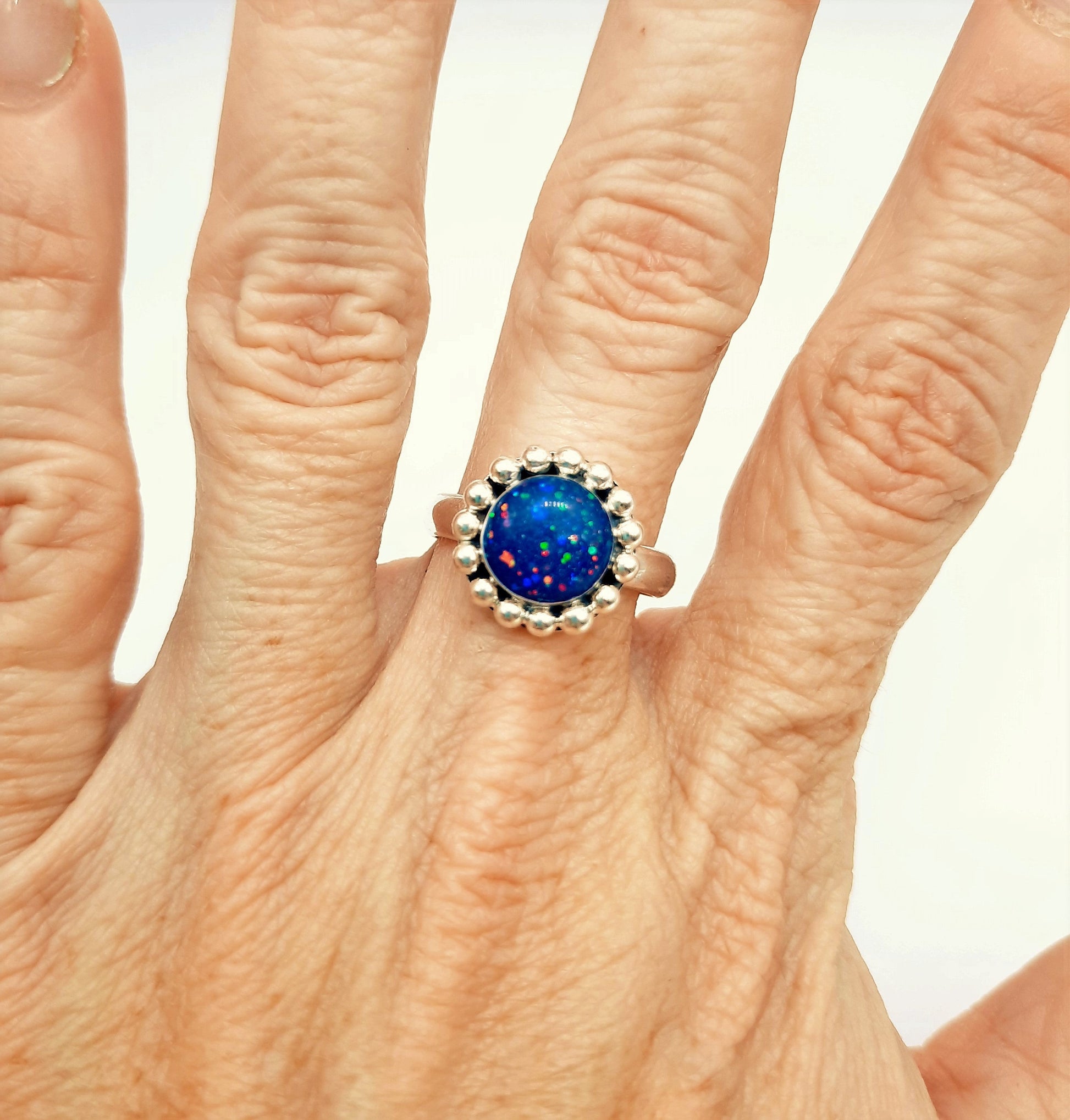 Handcrafted / Handmade Lapis (like) Antiqued 925 Sterling Silver Ring, Made w/ Dark Blue Resin, Iridescent Glitter, & Holographic Powder