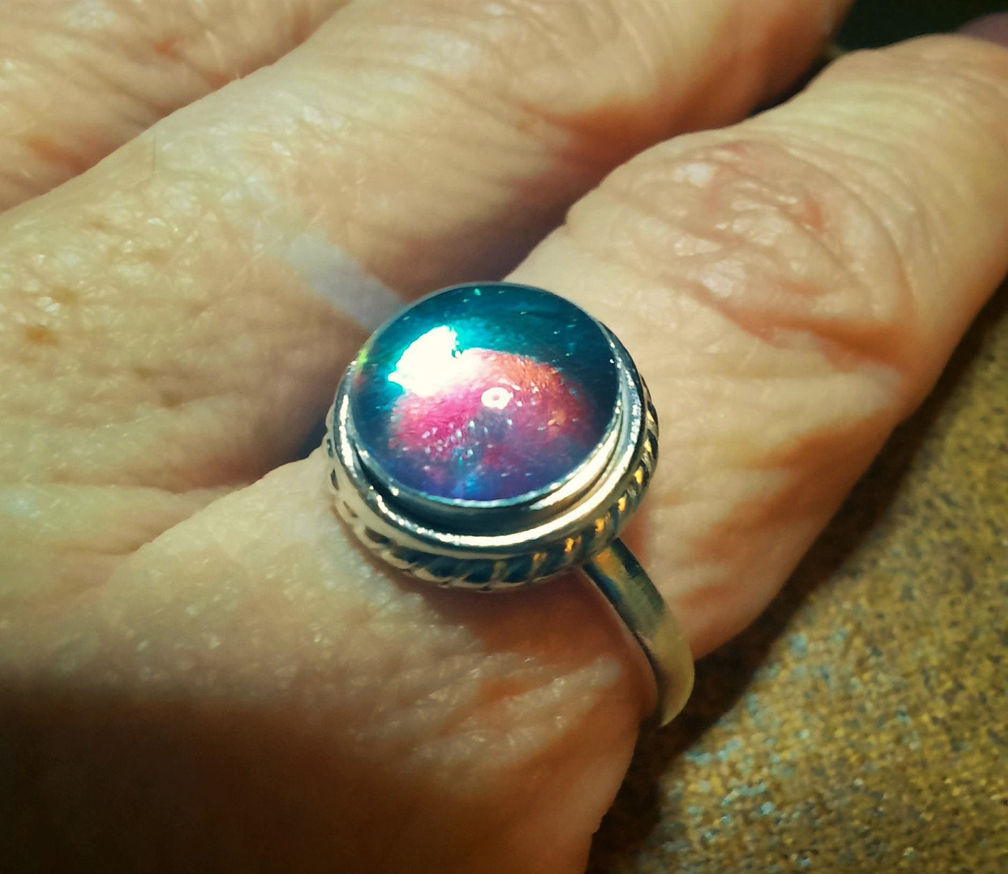 Handcrafted Double Spiral Rope Design 925 Sterling Silver Iridescent "Mirror Ball" Ring, Size 6, Sealed with Holographic Mica Infused Resin