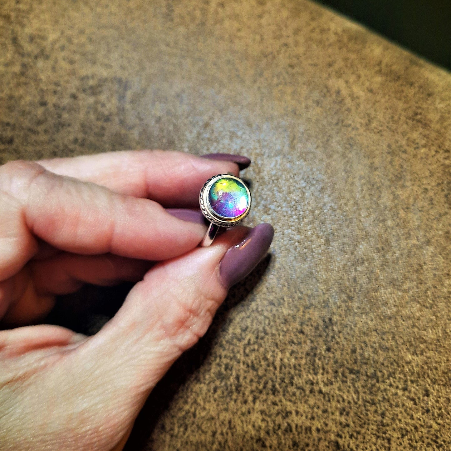 Handcrafted Double Spiral Rope Design 925 Sterling Silver Iridescent "Mirror Ball" Ring, Size 6, Sealed with Holographic Mica Infused Resin