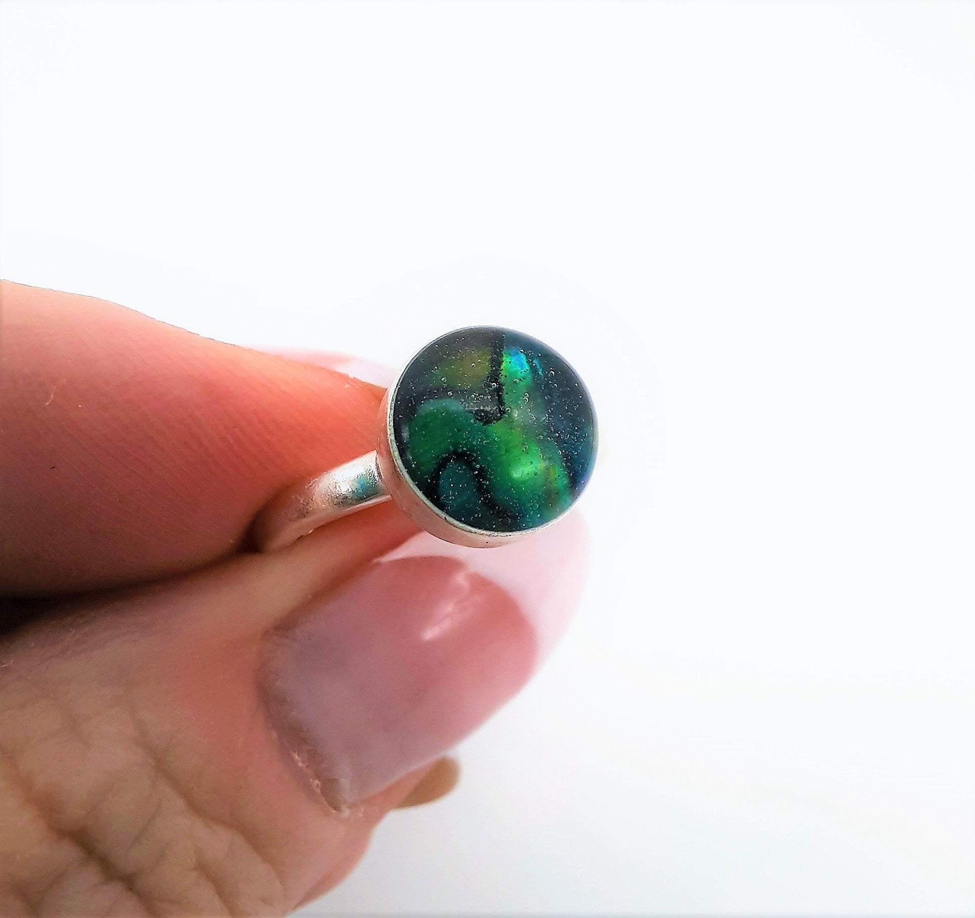 Handmade / Handcrafted 925 Sterling Silver Natural Abalone / Paua Seashell Ring, Sealed with Holographic Mica Infused Resin