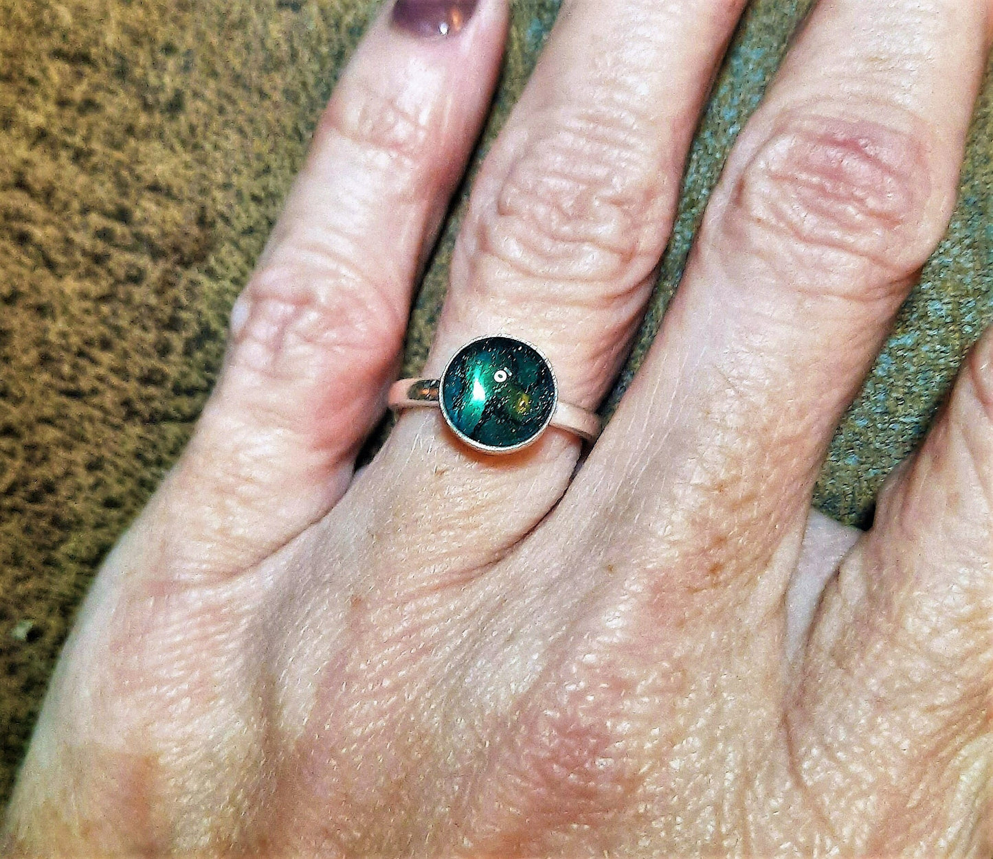 Handmade / Handcrafted 925 Sterling Silver Natural Abalone / Paua Seashell Ring, Sealed with Holographic Mica Infused Resin