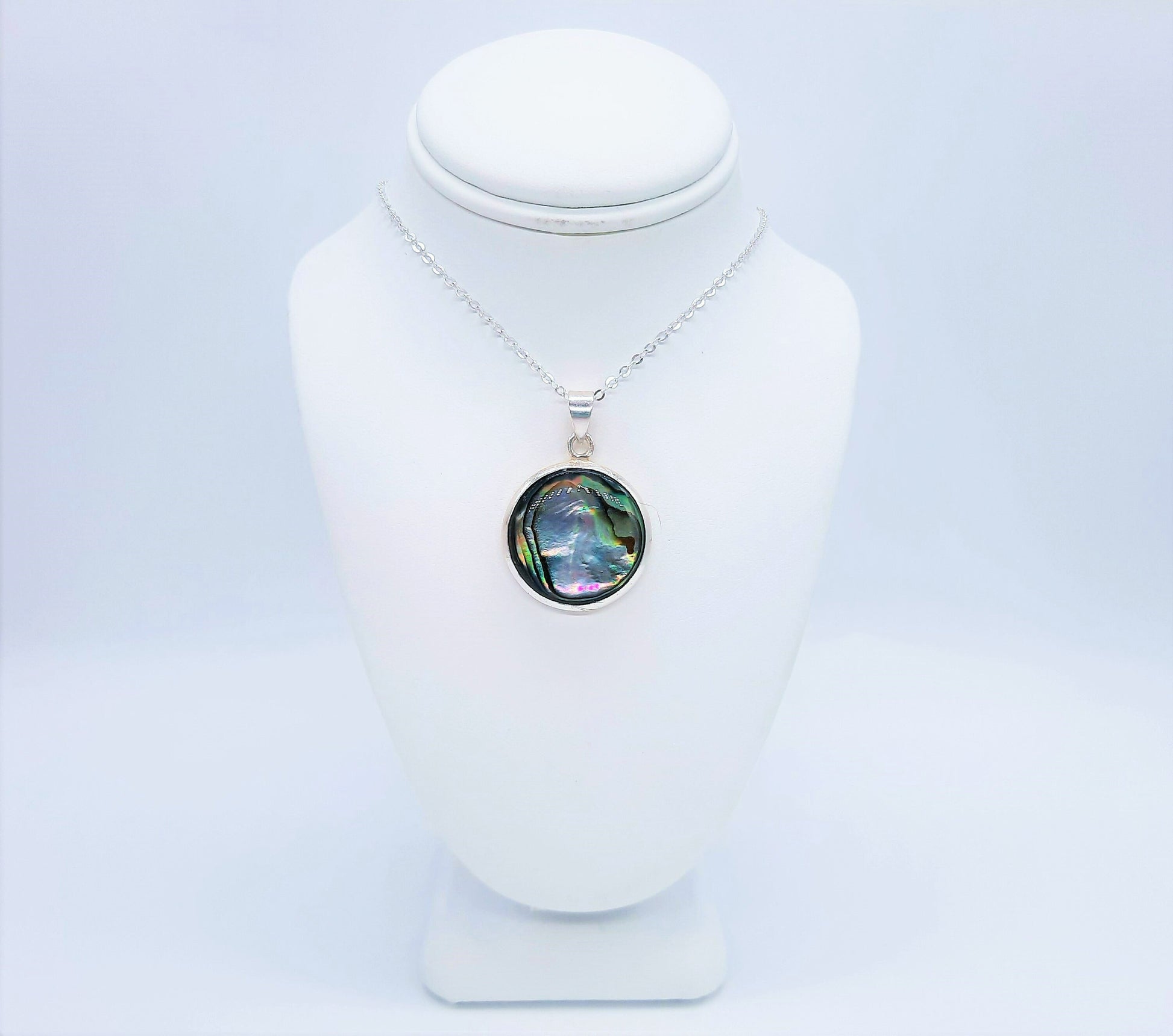 Handmade / Handcrafted 925 Sterling Silver Natural Abalone / Paua Seashell Necklace, Sealed with Holographic Mica Infused Resin