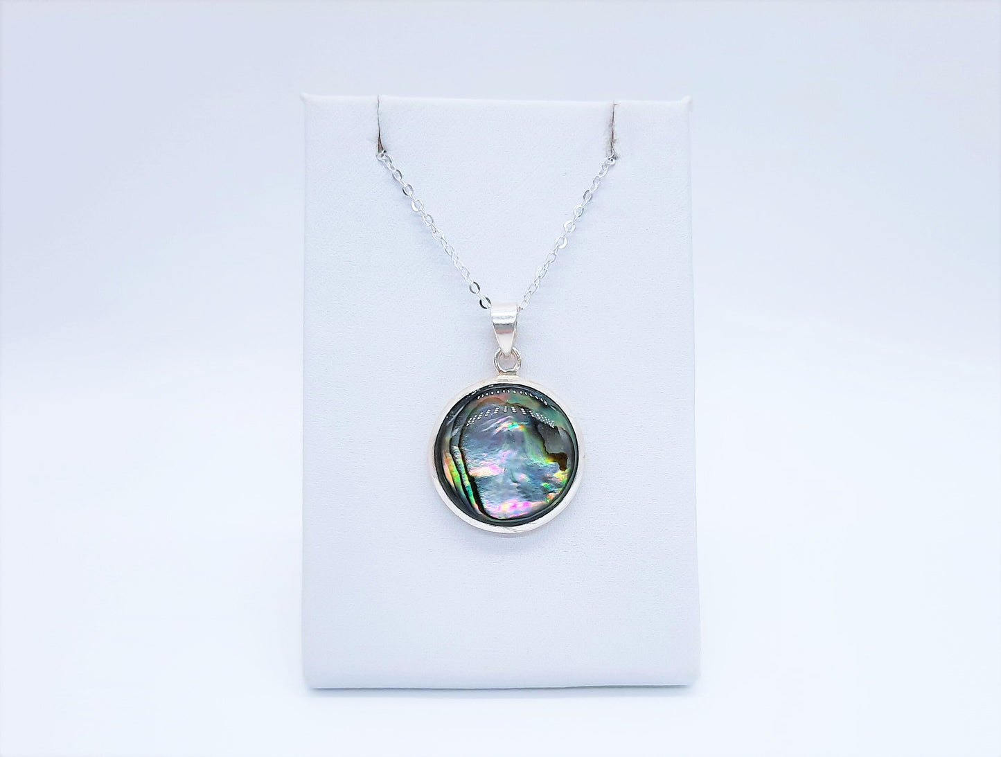 Handmade / Handcrafted 925 Sterling Silver Natural Abalone / Paua Seashell Necklace, Sealed with Holographic Mica Infused Resin