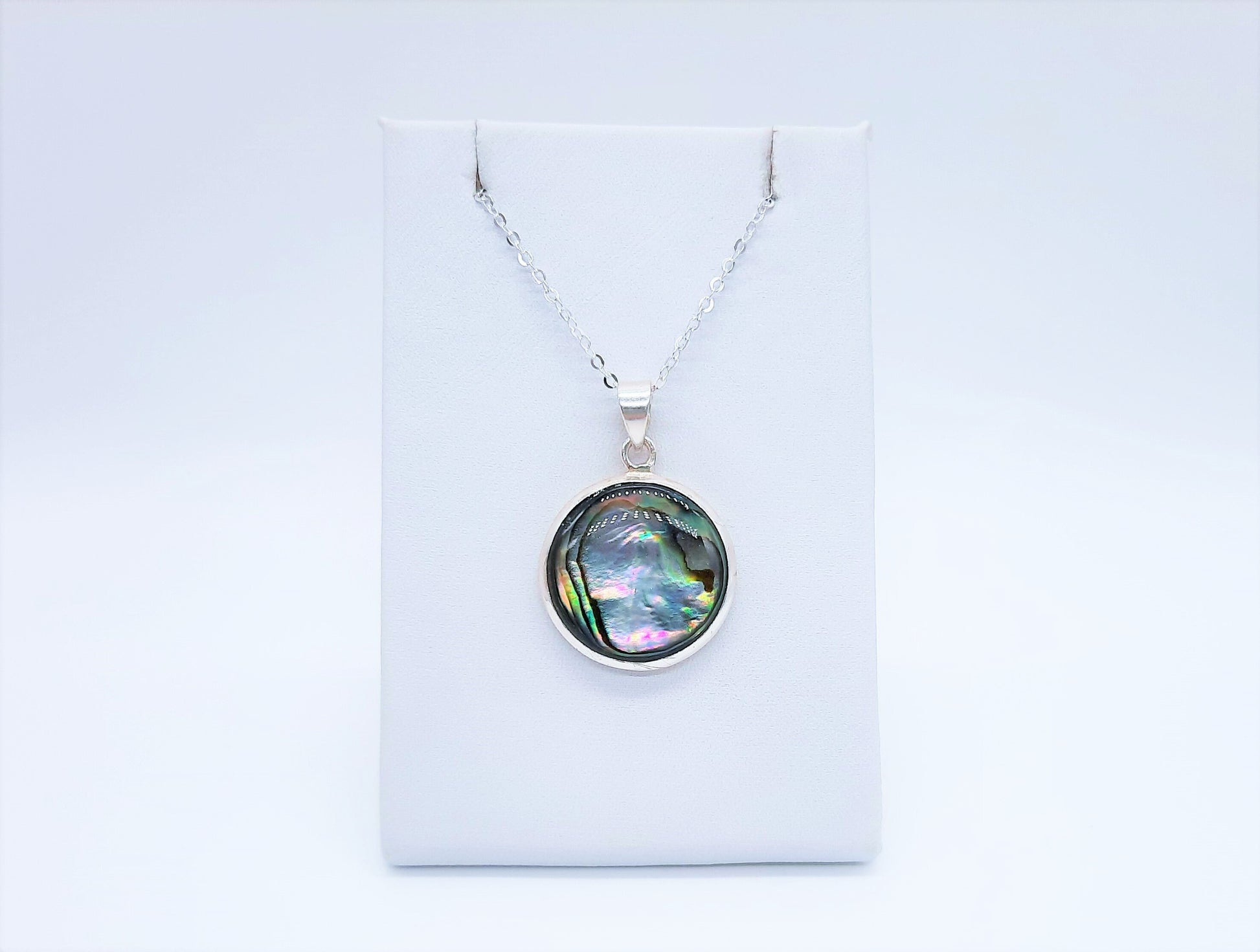 Handmade / Handcrafted 925 Sterling Silver Natural Abalone / Paua Seashell Necklace, Sealed with Holographic Mica Infused Resin