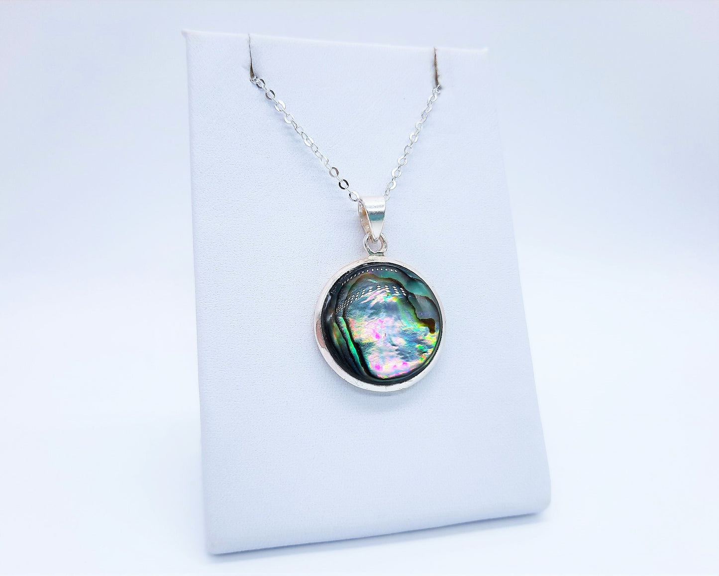 Handmade / Handcrafted 925 Sterling Silver Natural Abalone / Paua Seashell Necklace, Sealed with Holographic Mica Infused Resin