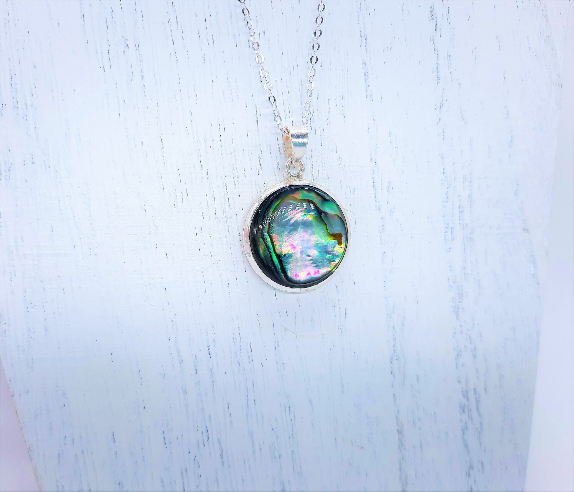 Handmade / Handcrafted 925 Sterling Silver Natural Abalone / Paua Seashell Necklace, Sealed with Holographic Mica Infused Resin