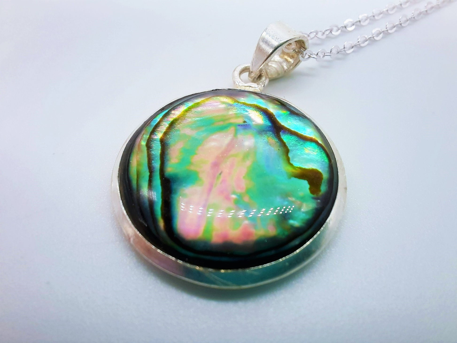 Handmade / Handcrafted 925 Sterling Silver Natural Abalone / Paua Seashell Necklace, Sealed with Holographic Mica Infused Resin