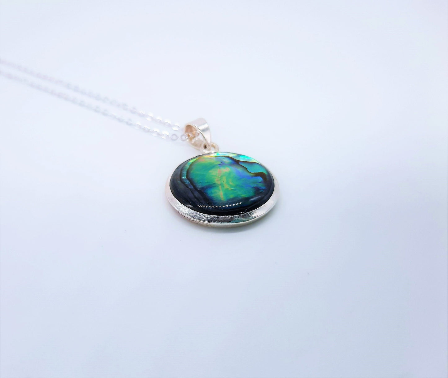 Handmade / Handcrafted 925 Sterling Silver Natural Abalone / Paua Seashell Necklace, Sealed with Holographic Mica Infused Resin