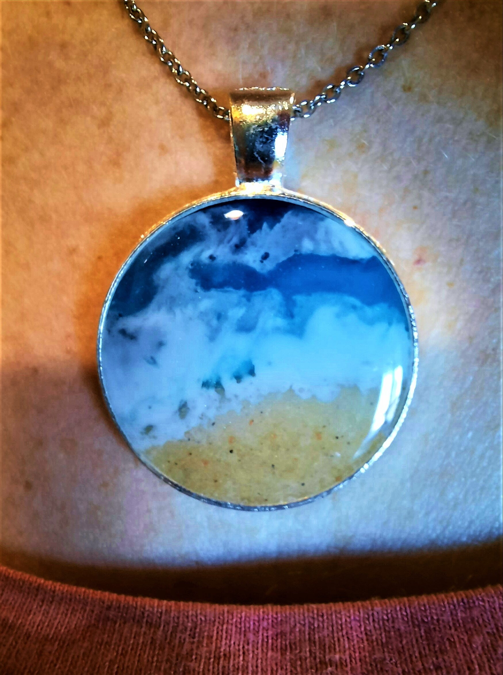 Resin Waves Round Shaped Ocean Pendant / Beach Scene Necklace, Handmade Made with Resin & Real Sand - One of a Kind - Not a Photograph!