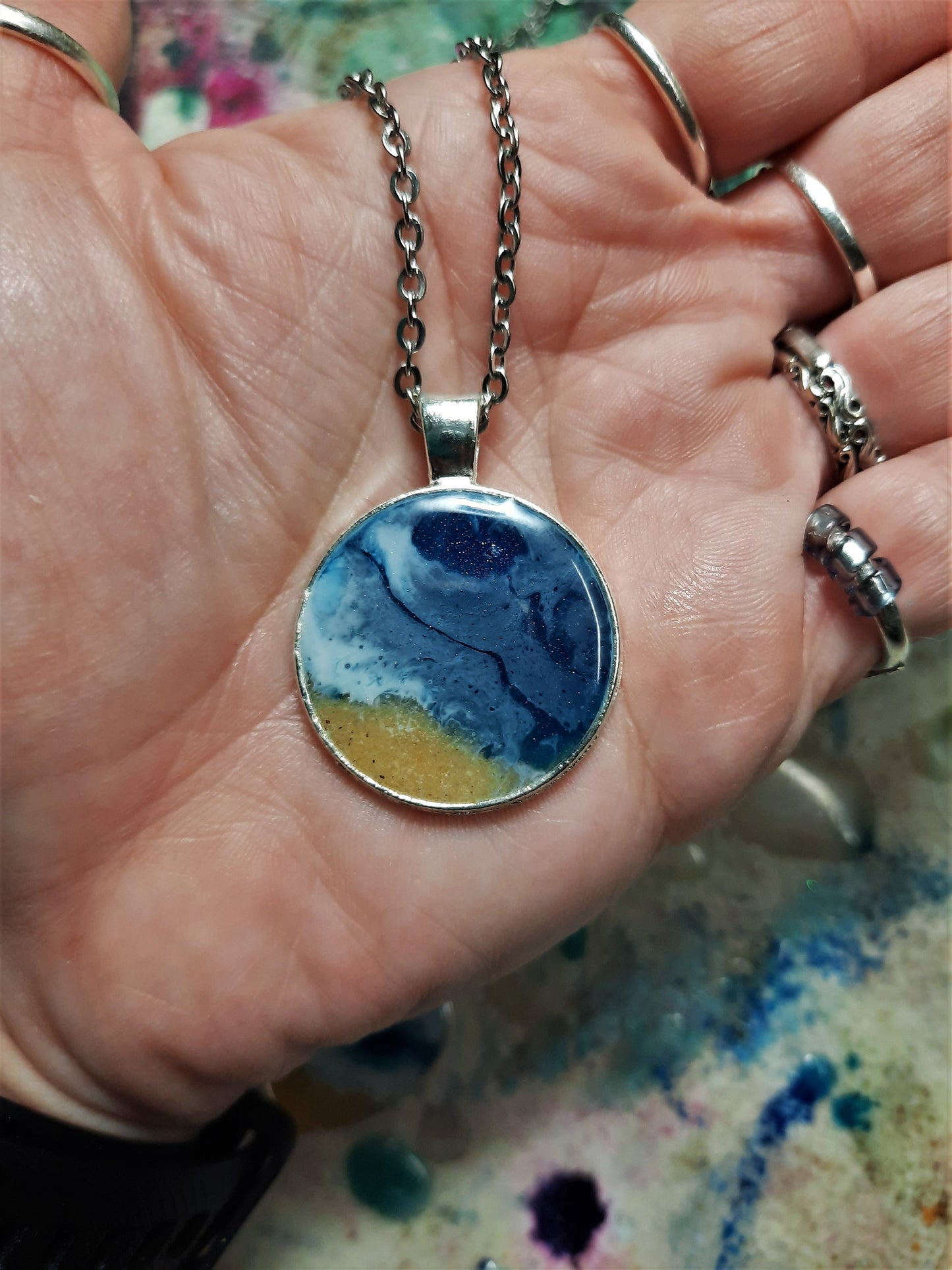 Resin Waves Round Shaped Ocean Pendant / Beach Scene Necklace, Handmade Made with Resin & Real Sand - One of a Kind - Not a Photograph!