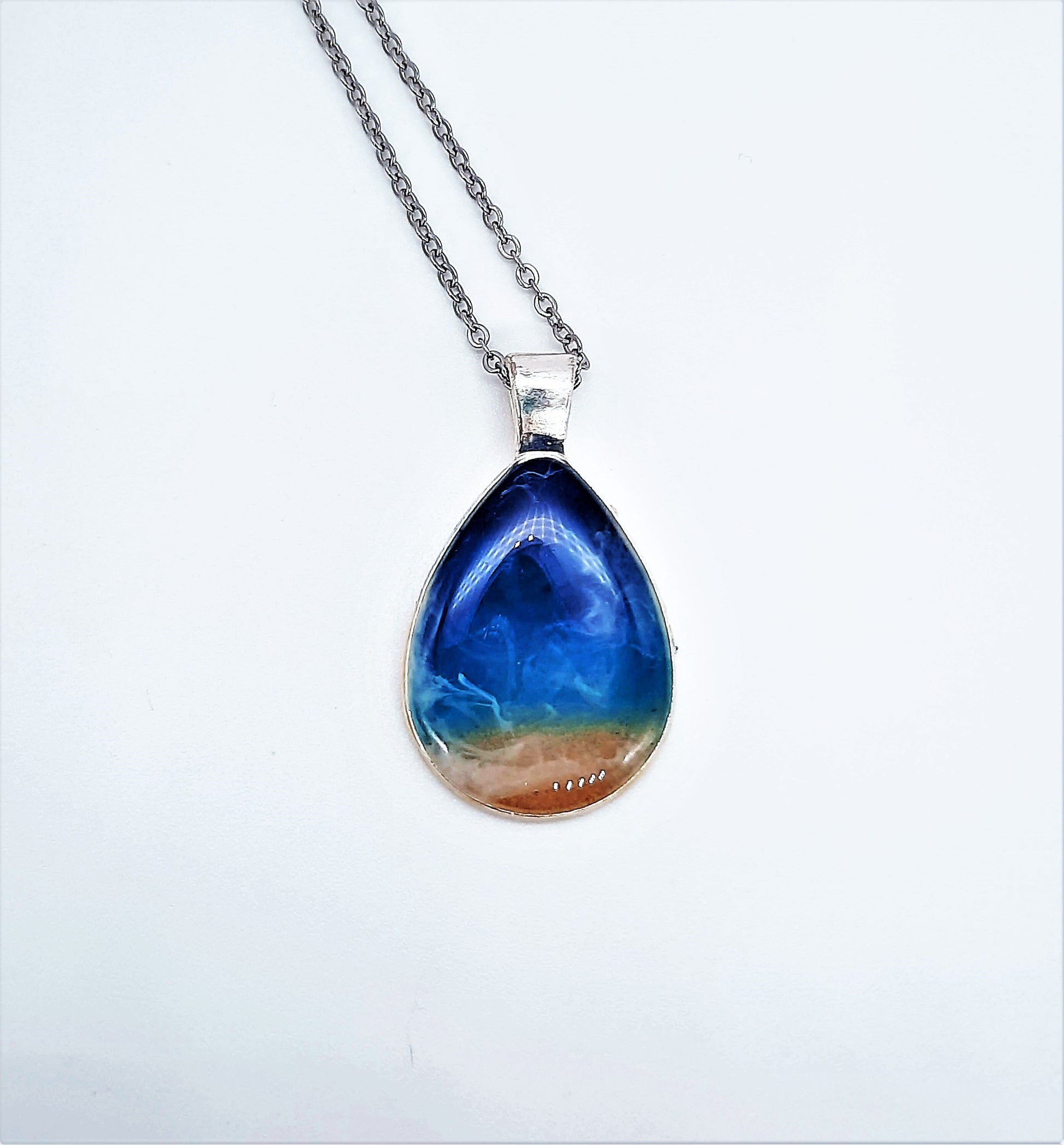 Resin Waves Teardrop Shaped Ocean Pendant / Beach Scene Necklace, Handmade with Resin and Real Sand - One of a Kind - Not a Photograph