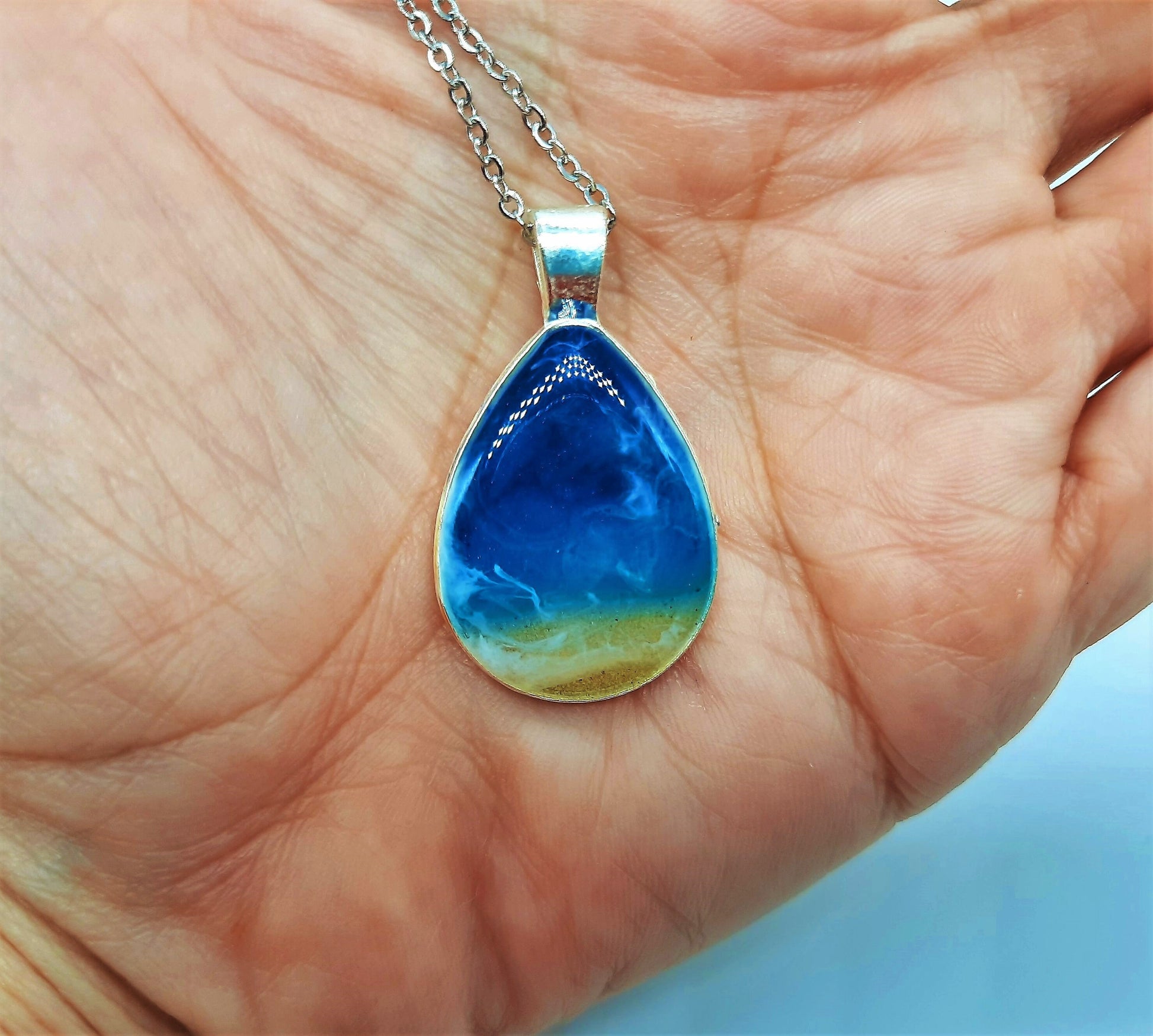 Resin Waves Teardrop Shaped Ocean Pendant / Beach Scene Necklace, Handmade with Resin and Real Sand - One of a Kind - Not a Photograph