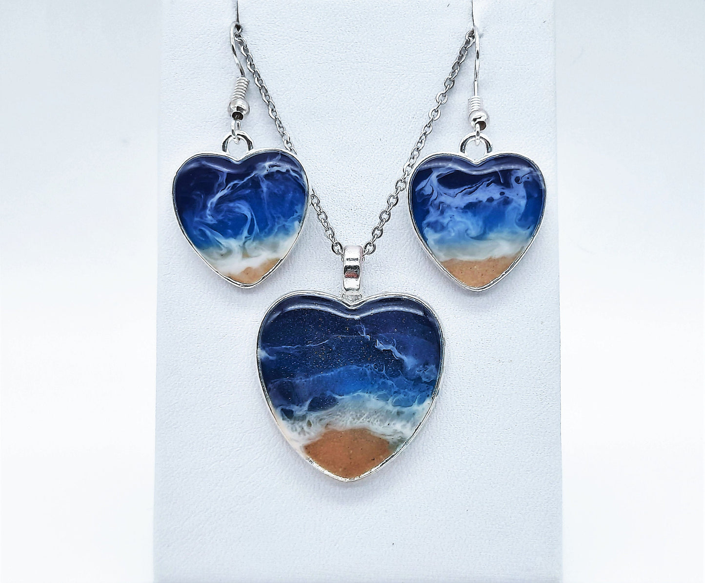 Resin Waves / Heart Shaped Ocean Earring and Necklace Set / Beach Scene / Made with Sand, Resin, Mica, & Hypoallergenic Stainless Steel