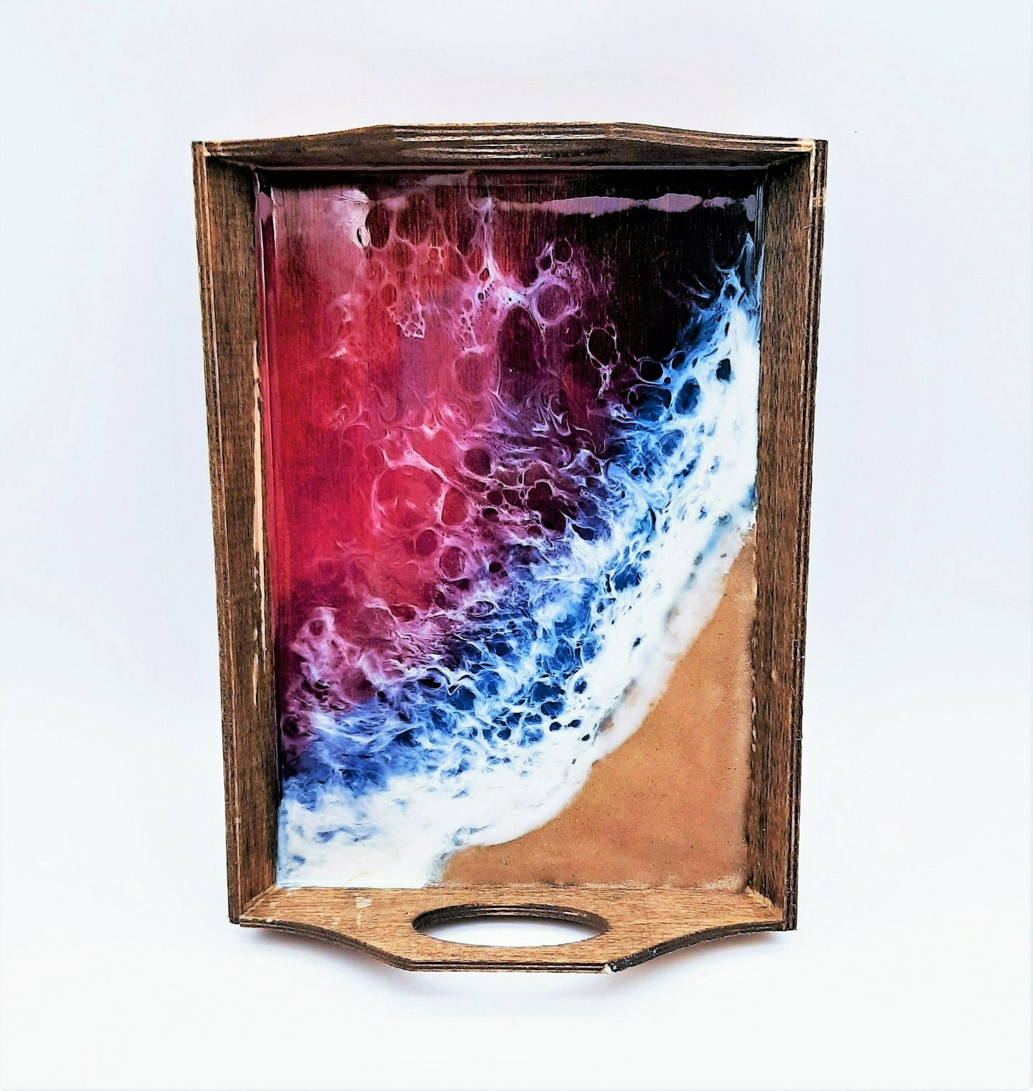 Eco-Friendly Resin Seascape Coastal Wave Beach Scene Small Wooden Jewelry Tray/ Trinket Tray / Made with Real Sand, Alcohol Inks, & Mica