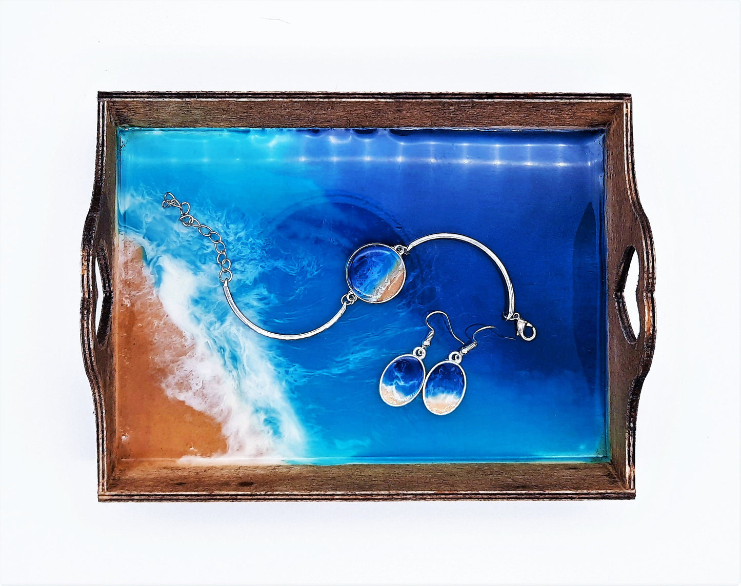 Eco-Friendly Resin Seascape Coastal Wave Beach Scene Small Wooden Jewelry Tray/ Trinket Tray / Made with Real Sand, Alcohol Inks, & Mica