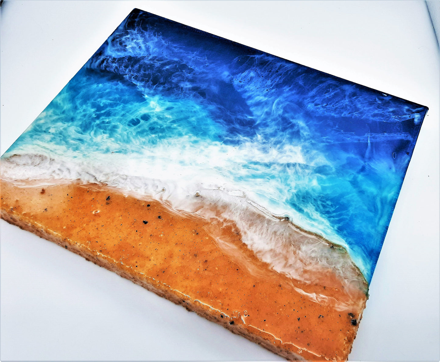 Handpainted Eco-Friendly Epoxy Resin Seascape Coastal Beach Scene, Shades of Blue, Made w/ Sand, Painted on 8" x 10" Stretched Canvas