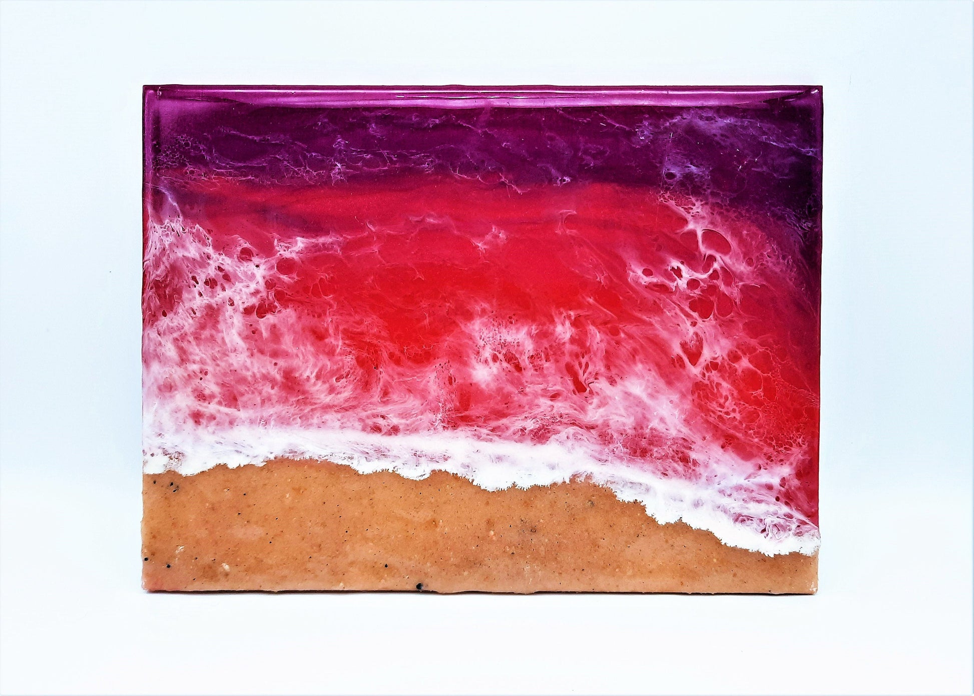 Handpainted Eco-Friendly Epoxy Resin Seascape Coastal Beach Scene, Purples and Pinks, Made w/ Real Sand, Painted on 8" x 6" Wood