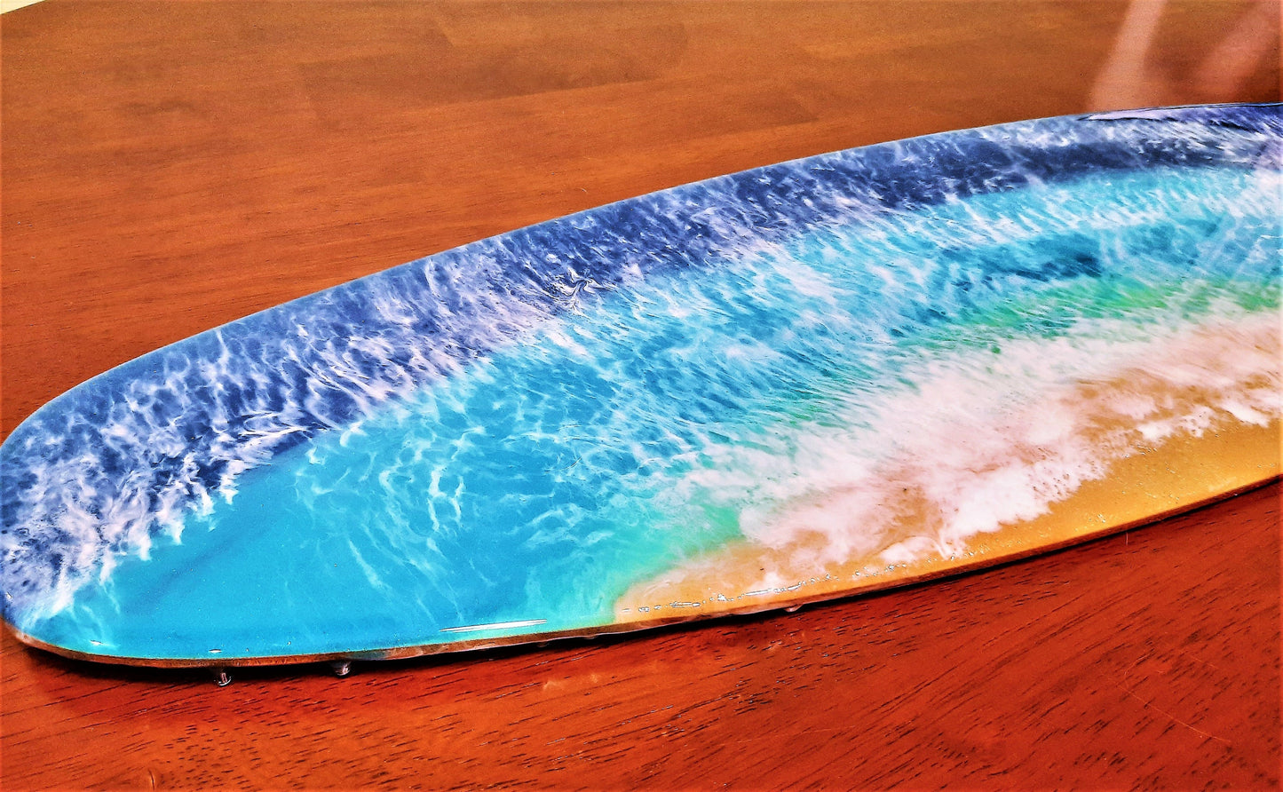 Handpainted Eco-Friendly Epoxy Resin Seascape Coastal Beach Scene Surfboard, Made w/ Real Sand, Alcohol Inks, & Mica, Painted on Wood