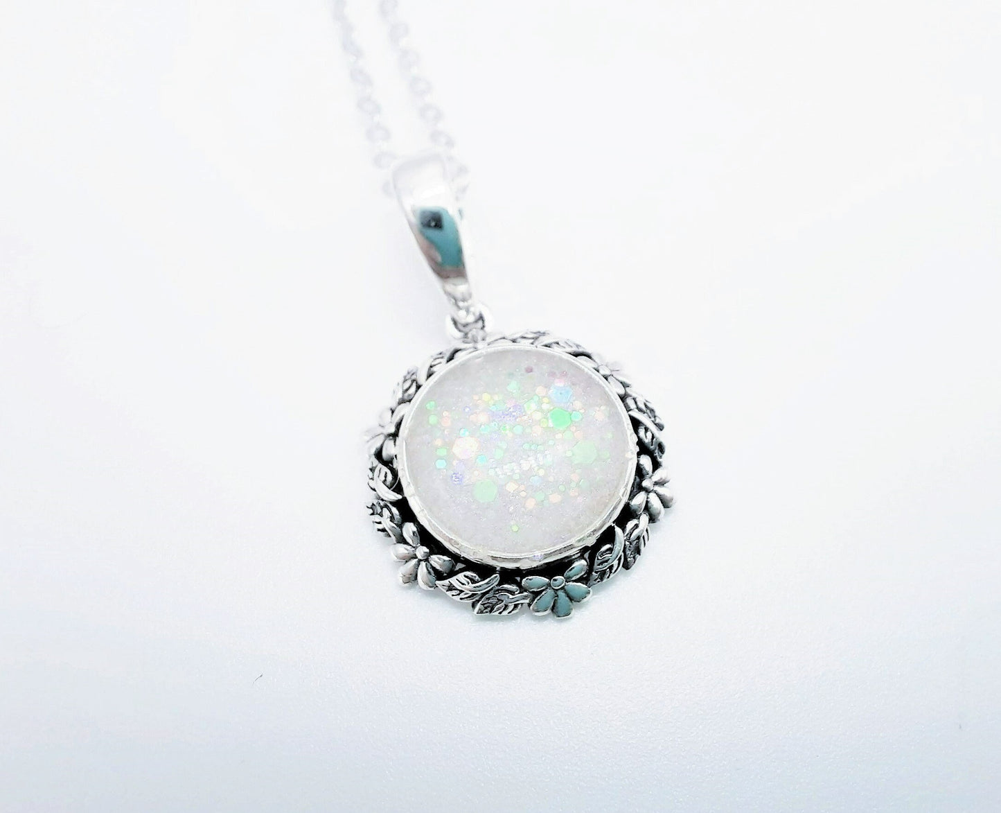 Handcrafted Iridescent White Opal (like) Sparkle Resin Pendant Necklace - Flower and Leaf Design - Made with 925 Sterling Silver