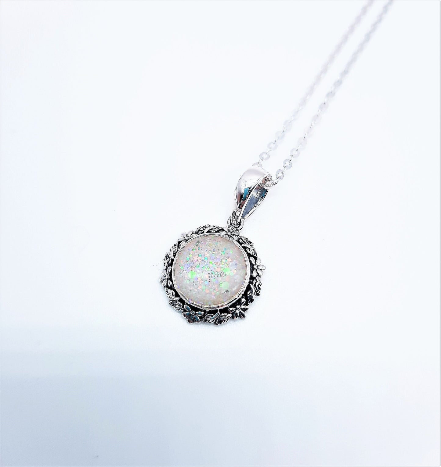 Handcrafted Iridescent White Opal (like) Sparkle Resin Pendant Necklace - Flower and Leaf Design - Made with 925 Sterling Silver