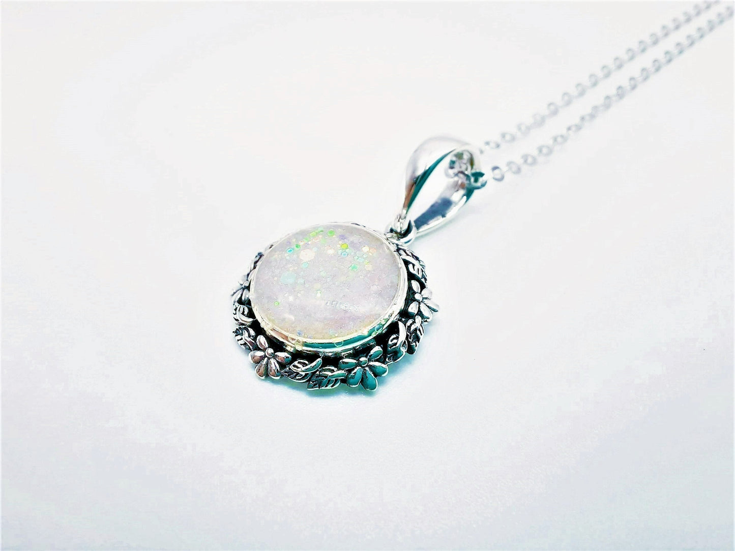 Handcrafted Iridescent White Opal (like) Sparkle Resin Pendant Necklace - Flower and Leaf Design - Made with 925 Sterling Silver