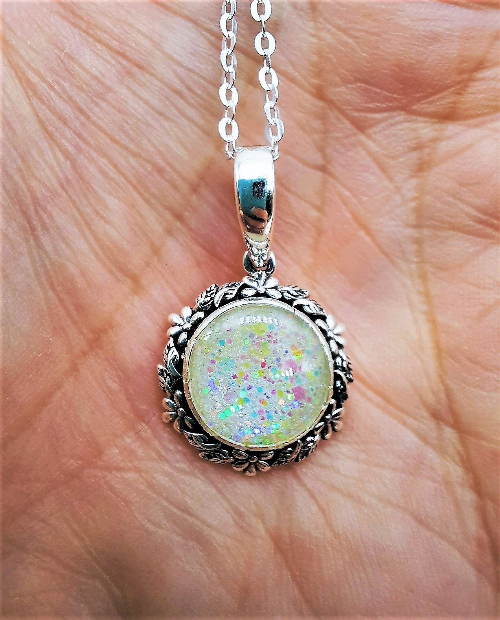 Handcrafted Iridescent White Opal (like) Sparkle Resin Pendant Necklace - Flower and Leaf Design - Made with 925 Sterling Silver