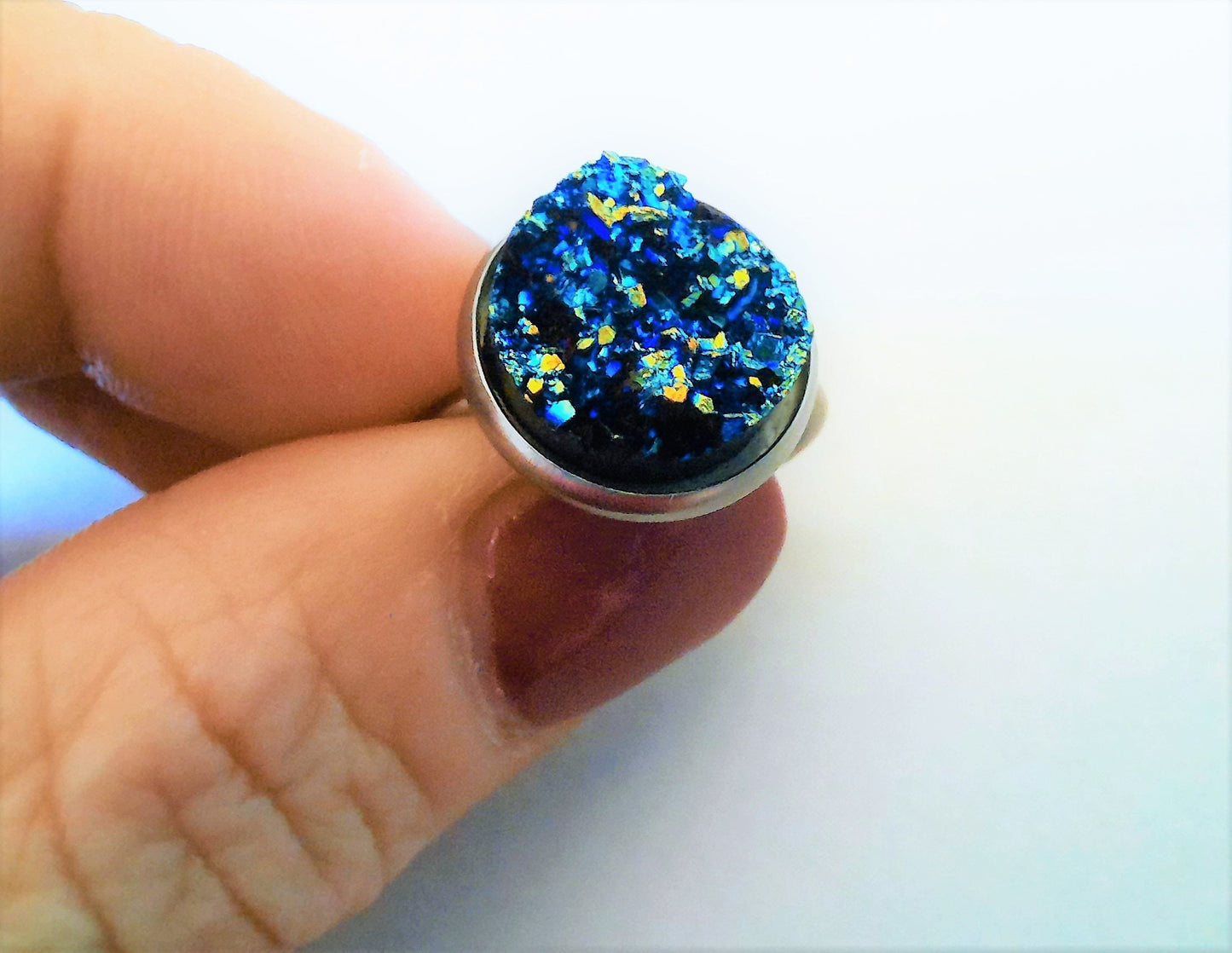 Handcrafted / Handmade Iridescent Blue - Green Druzy Stone, Hypoallergenic Silver Stainless Steel Cuff Finger Ring, Size 7