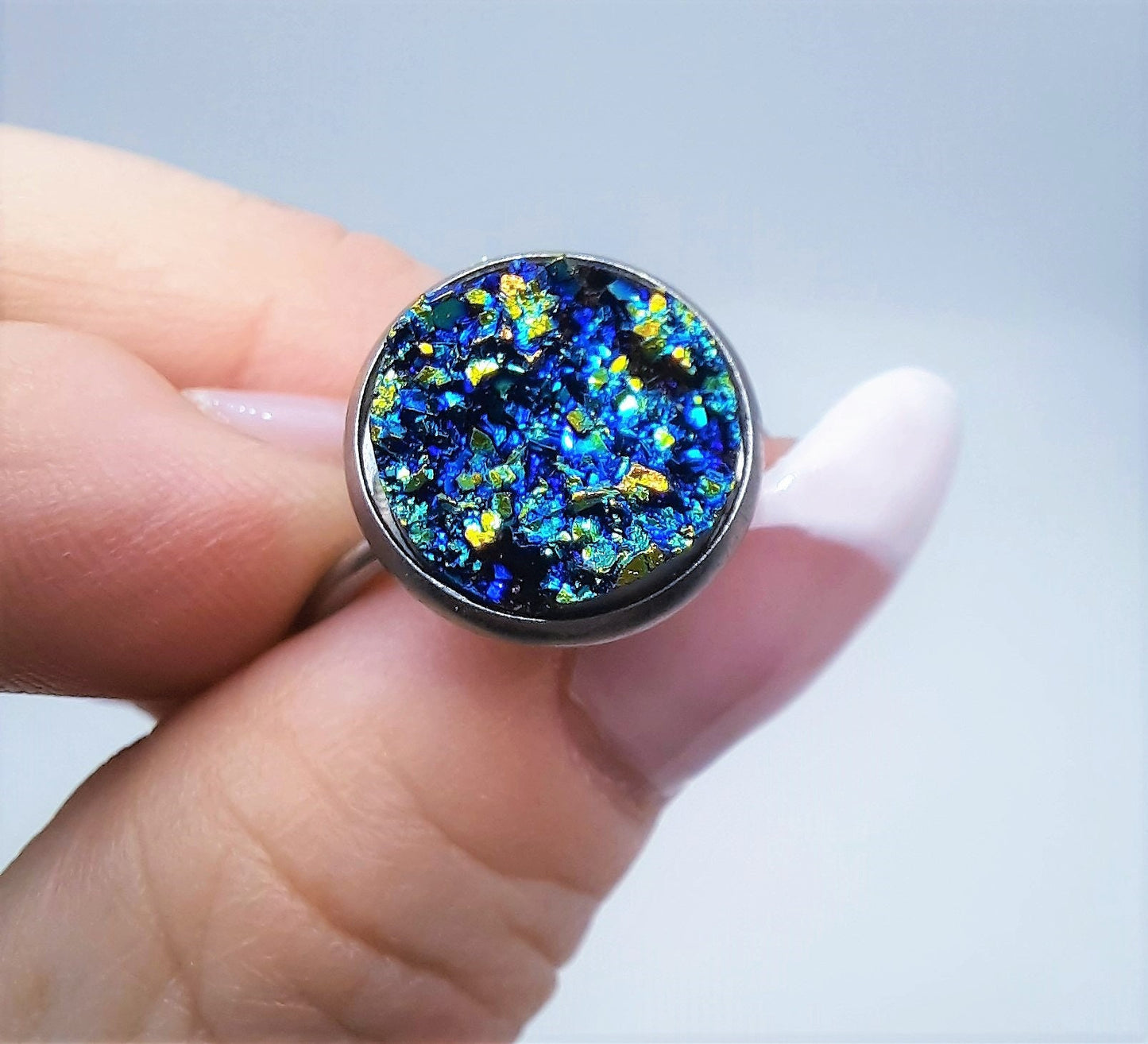 Handcrafted / Handmade Iridescent Blue - Green Druzy Stone, Hypoallergenic Silver Stainless Steel Cuff Finger Ring, Size 7