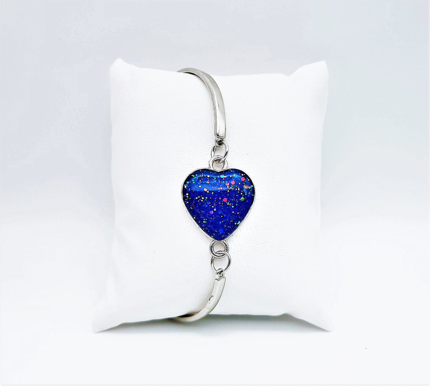 Handcrafted Iridescent Blue Heart Adjustable Bangle Bracelet-Made with Resin, Glitter, & Holographic Powder-Hypoallergenic Stainless Steel