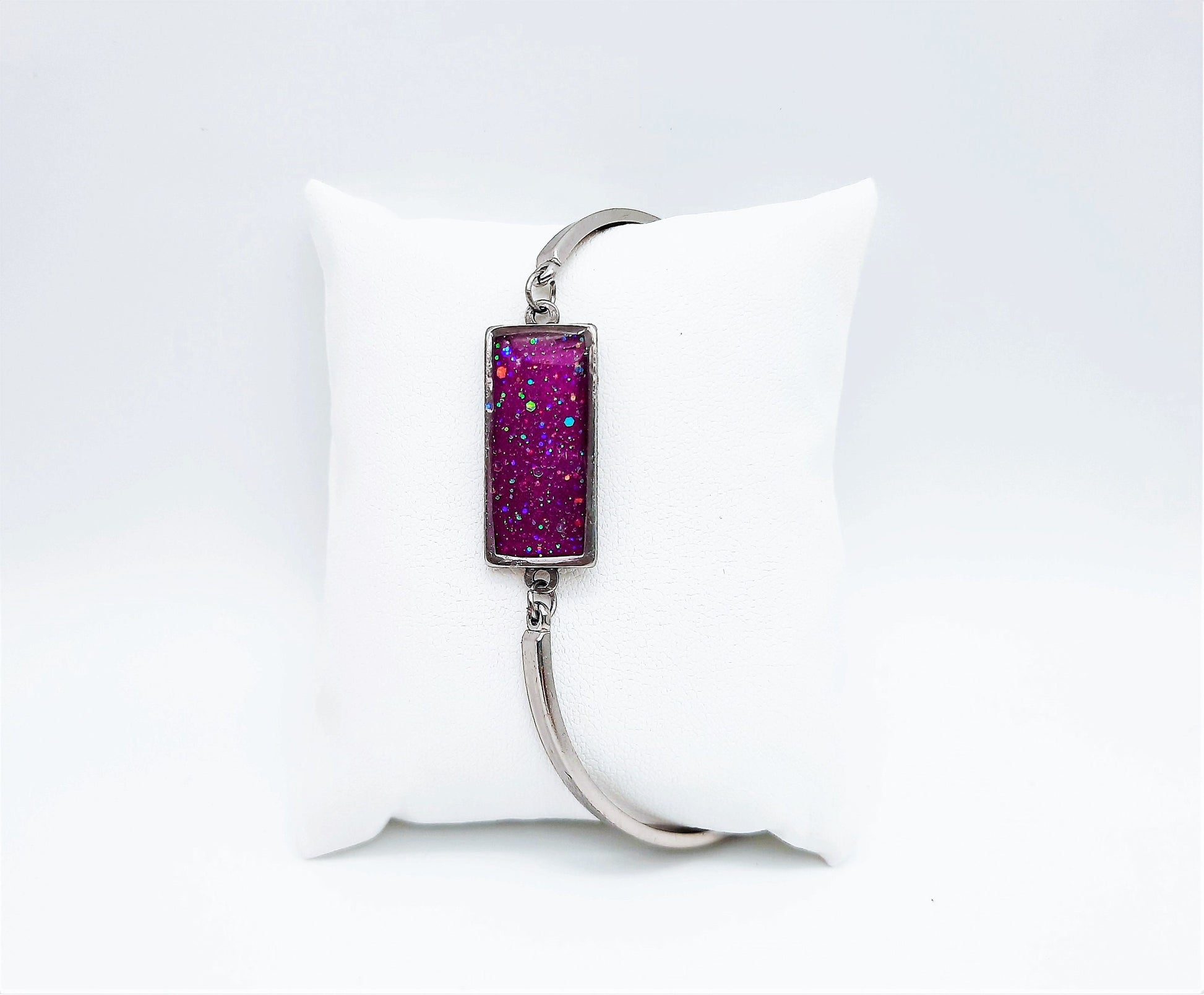 Handcrafted Iridescent Purple Rectangle Adjustable Bangle Bracelet - Made with Resin, Glitter, & Holographic Powder - Hypoallergenic