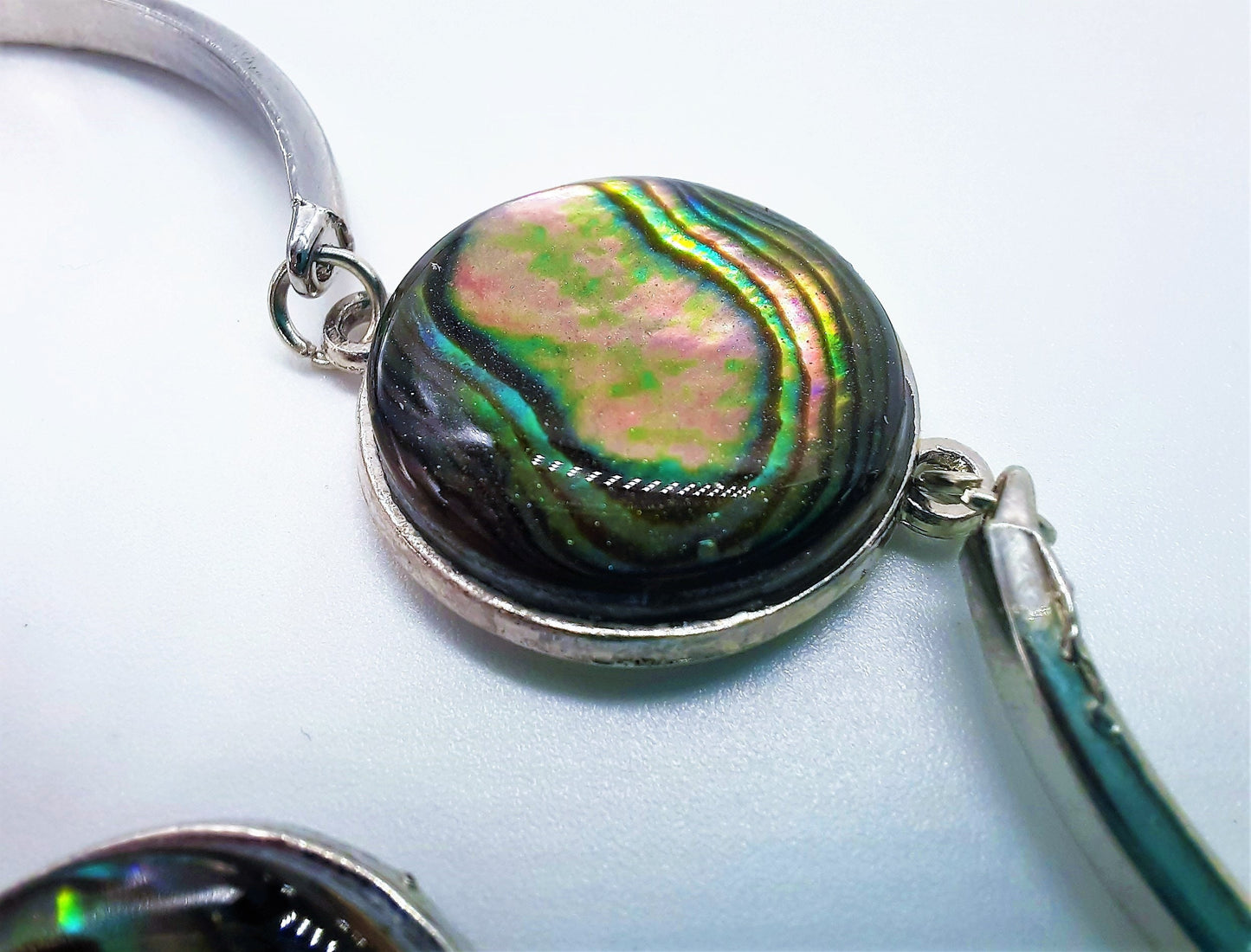 Abalone Seashell Stainless Steel Adjustable Bangle Bracelet Made with Holographic Powder Infused Resin - Hypoallergenic