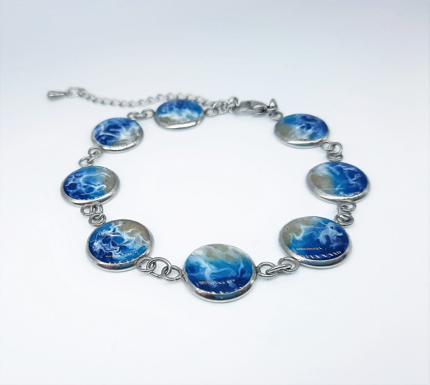 Resin Waves Ocean Bracelet / Beach Scene, Silver Stainless Steel Link Bracelet, Made with Real Sand, Resin, and Mica - NOT PHOTOGRAPHS!