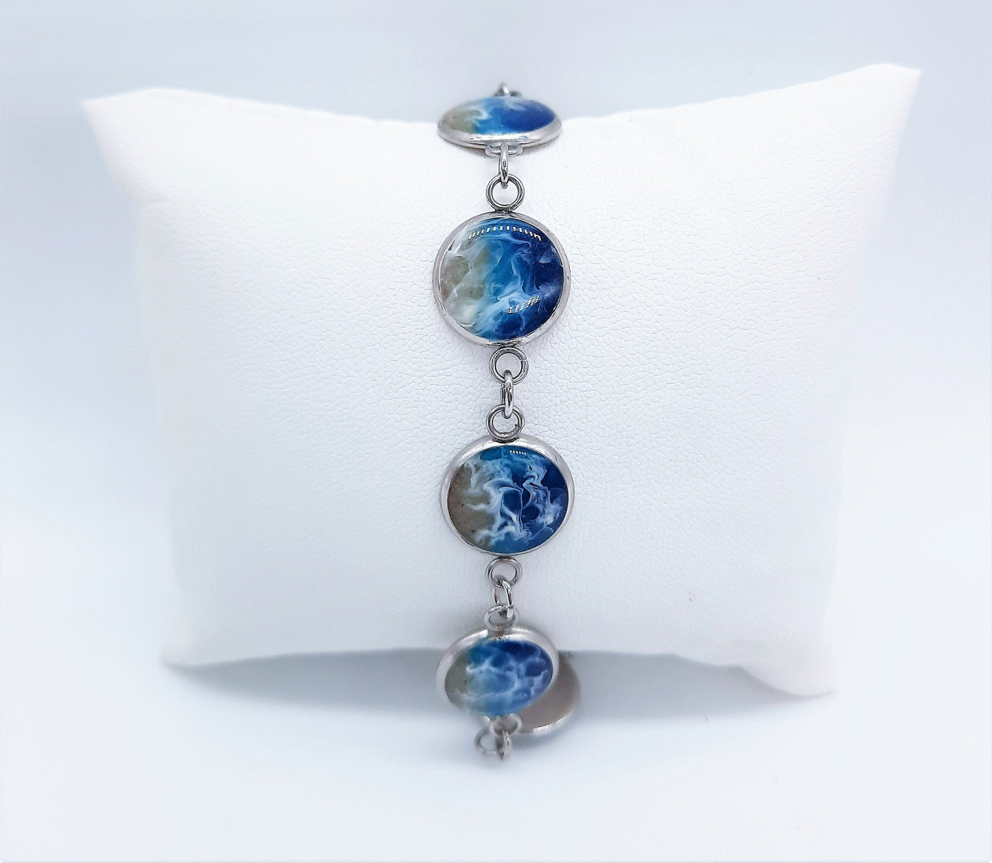 Resin Waves Ocean Bracelet / Beach Scene, Silver Stainless Steel Link Bracelet, Made with Real Sand, Resin, and Mica - NOT PHOTOGRAPHS!