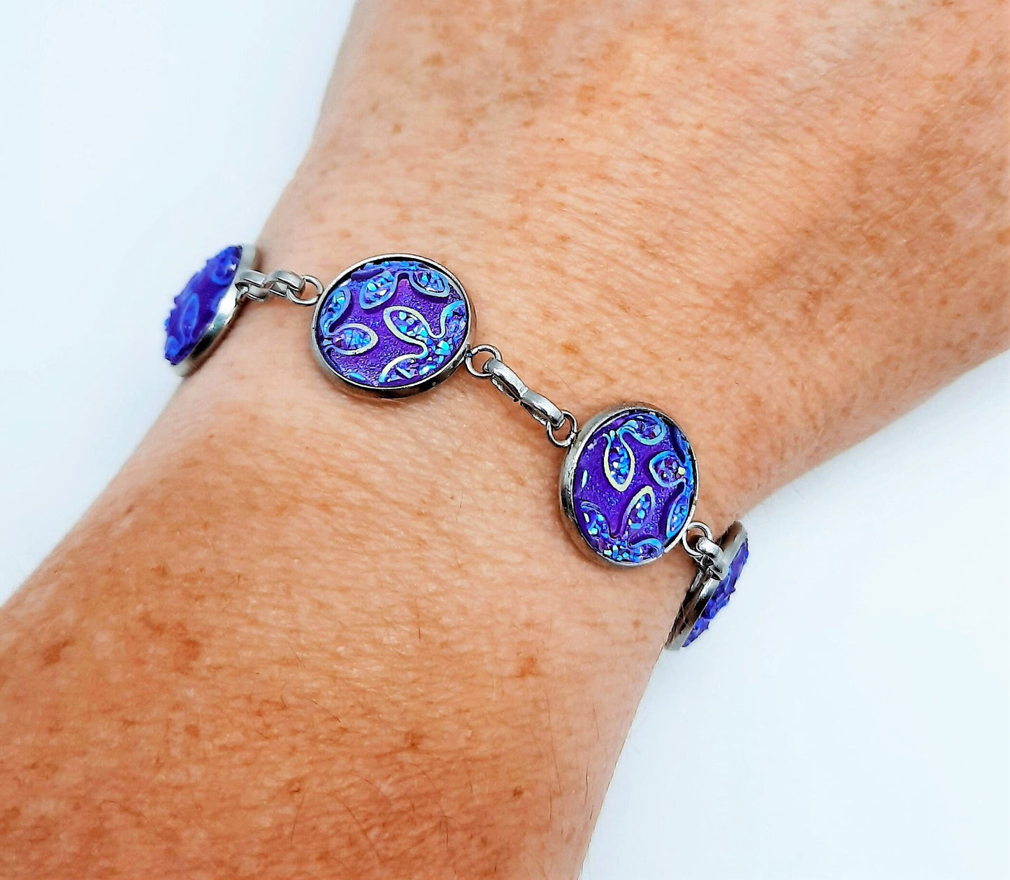 Handcrafted Purple Iridescent Resin Link Bracelet - Hypoallergenic Silver Stainless Steel - Adjustable Fit - Lobster Claw Closure