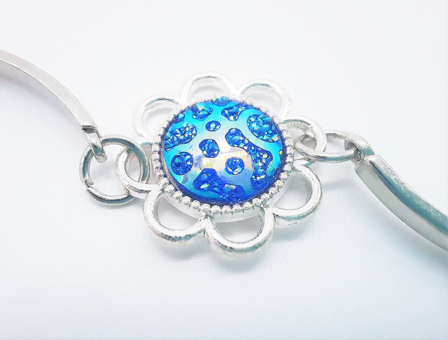 Handcrafted Flower Power Iridescent Blue Resin Stainless Steel Adjustable Bangle Bracelet - Hypoallergenic