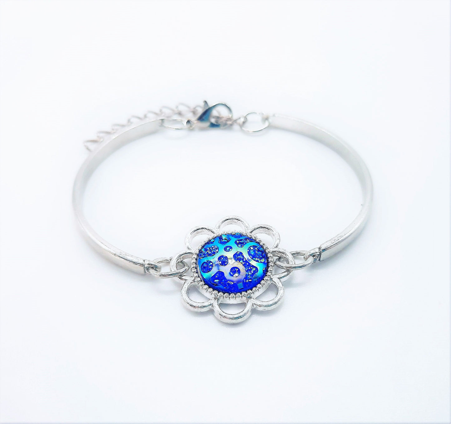 Handcrafted Flower Power Iridescent Blue Resin Stainless Steel Adjustable Bangle Bracelet - Hypoallergenic