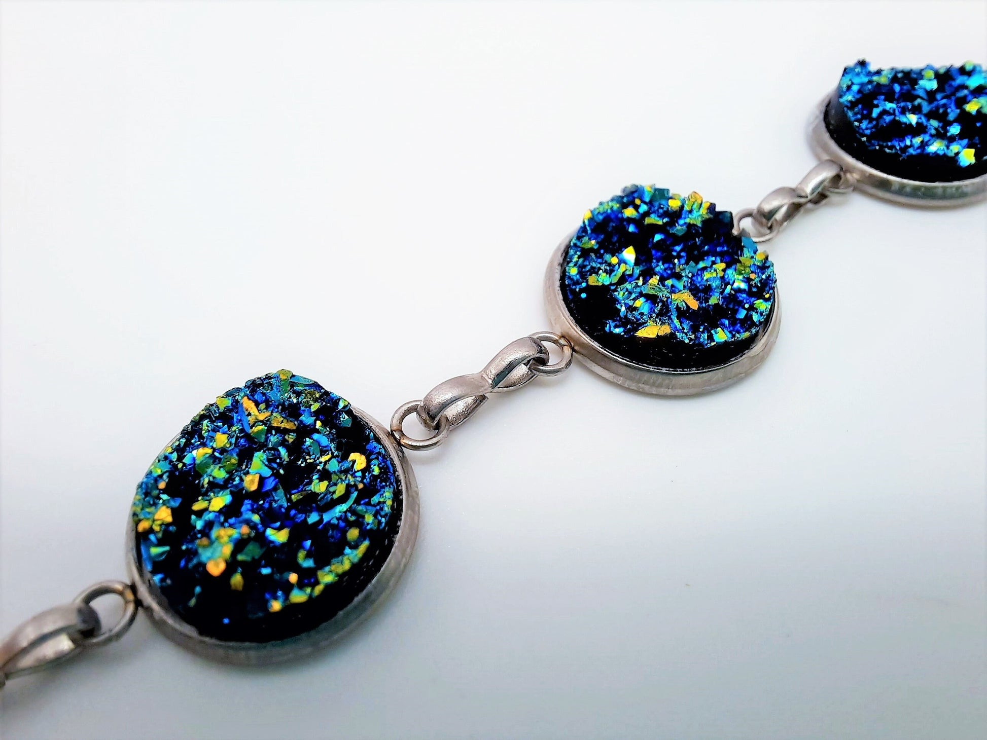 Handcrafted Iridescent Blue - Green Druzy Stone Link Bracelet - Hypoallergenic Silver Stainless Steel - Adjustable - Lobster Claw Closure