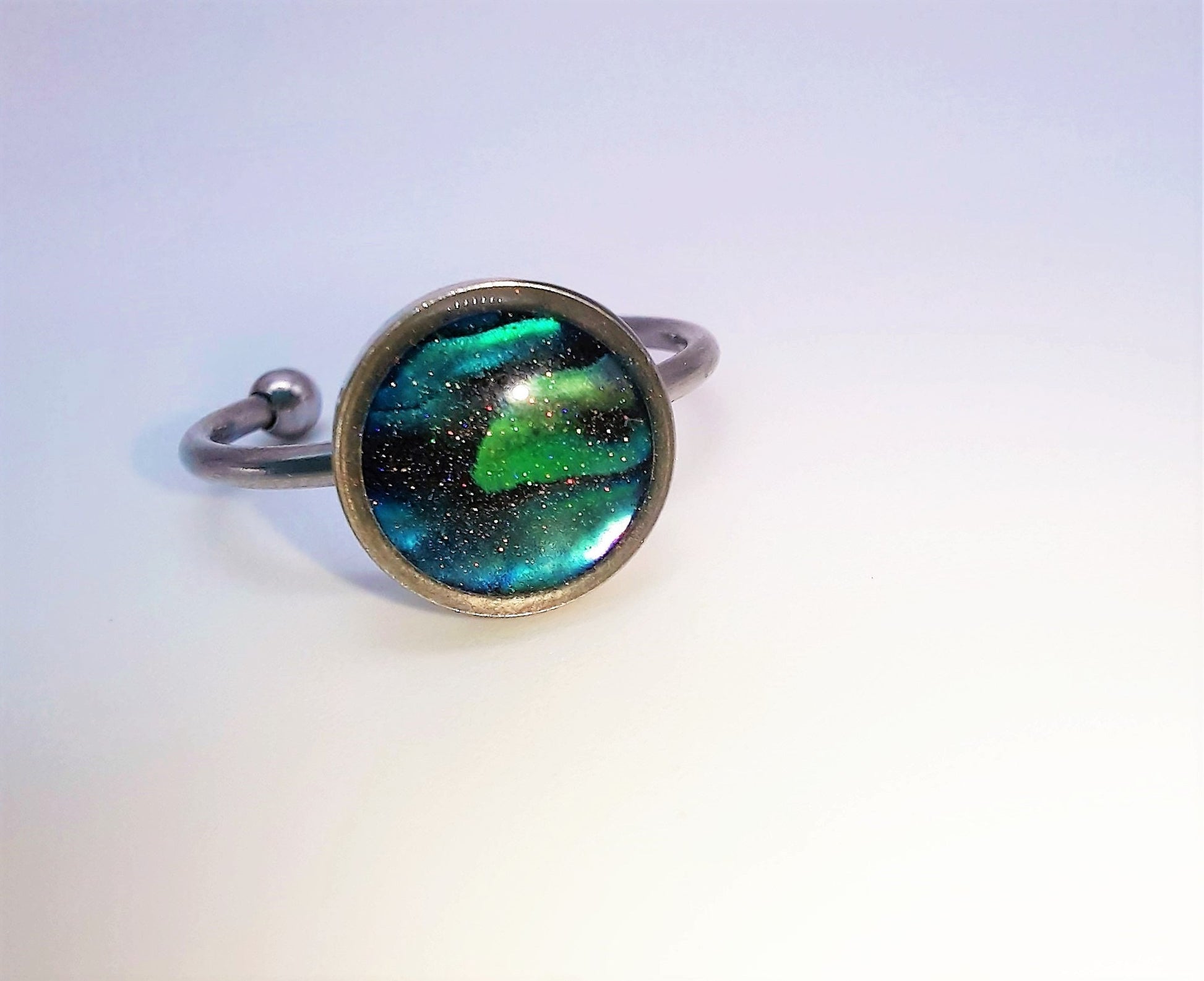 Handcrafted / Handmade Abalone Shell and Holographic Powder Infused Resin, Hypoallergenic Silver Stainless Steel Cuff Finger Ring, Size 8