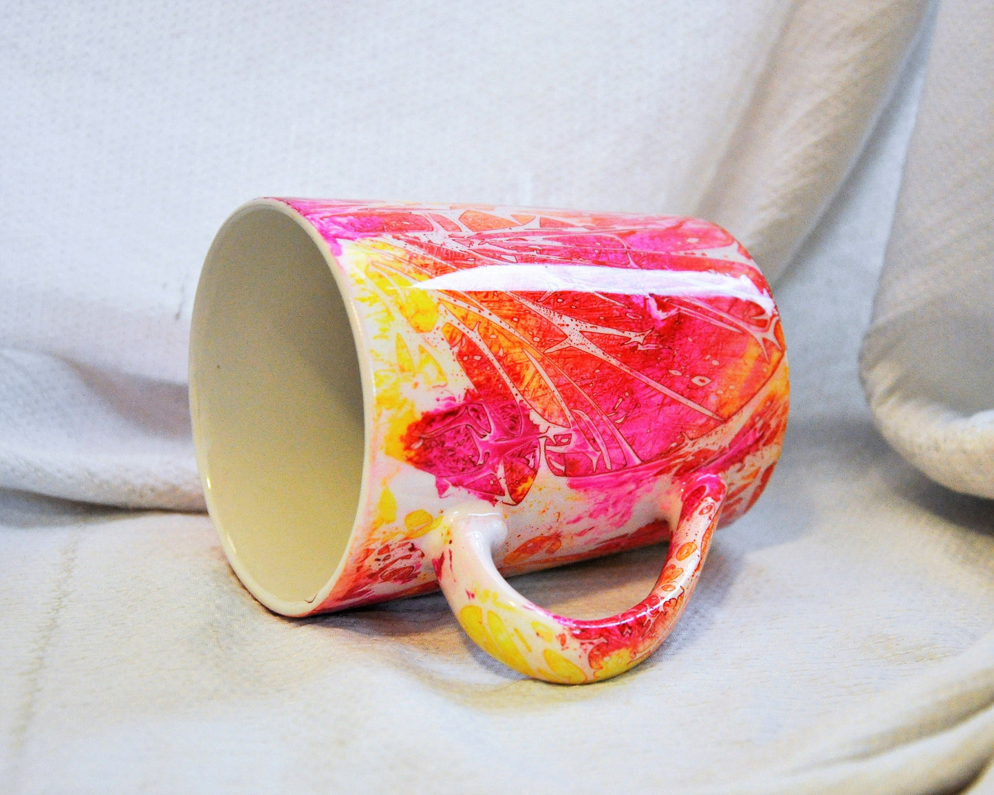 Pink and Yellow Abstract Alcohol Ink 12 oz Ceramic Coffee Mug, Handpainted and Sealed with Resin, One of a Kind, Unique