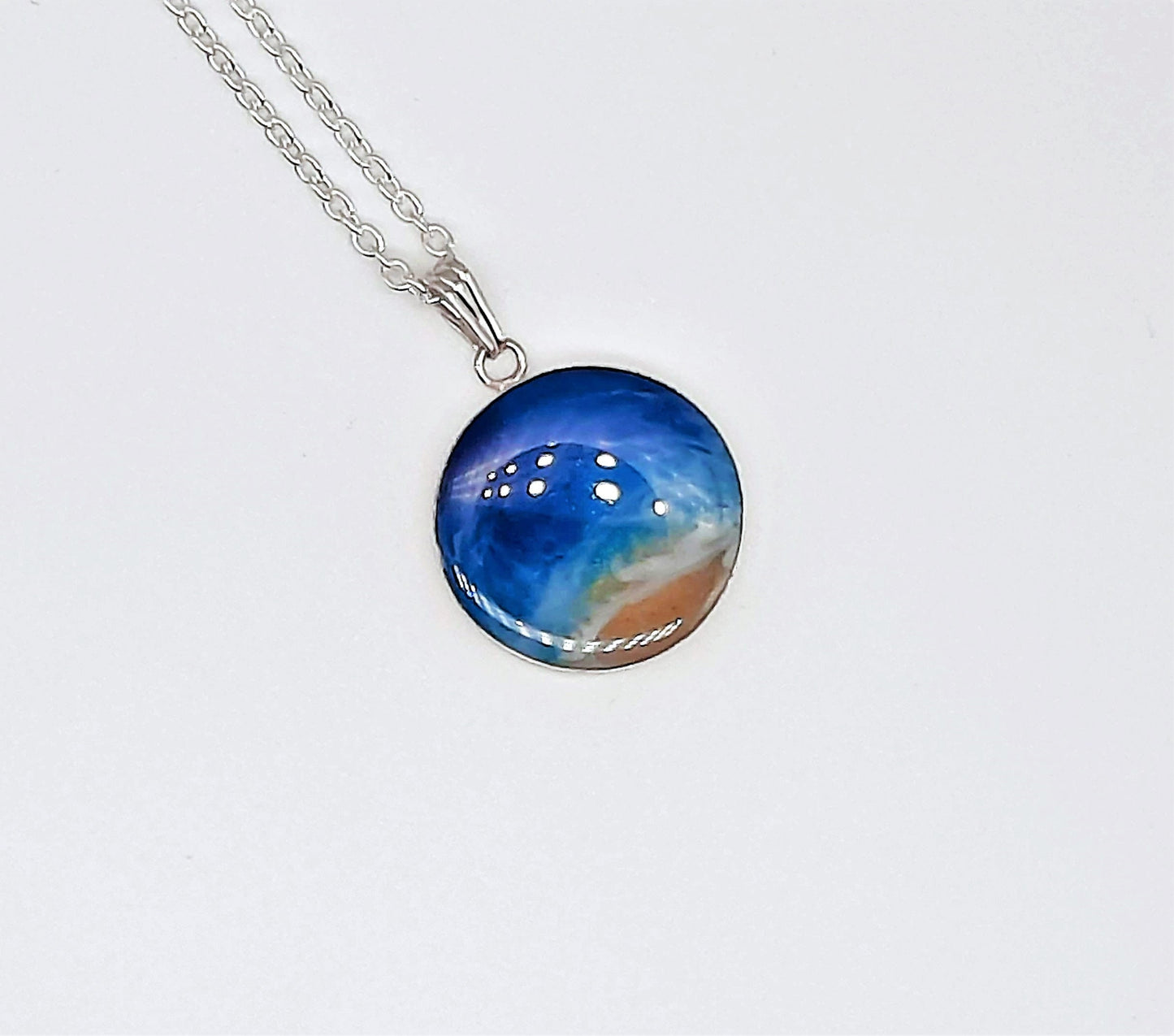 Handmade 925 Sterling Silver Resin Waves Ocean Pendant Necklace, Beach Scene, Made with Real Sand, Resin, and Mica - NOT A PHOTOGRAPH!