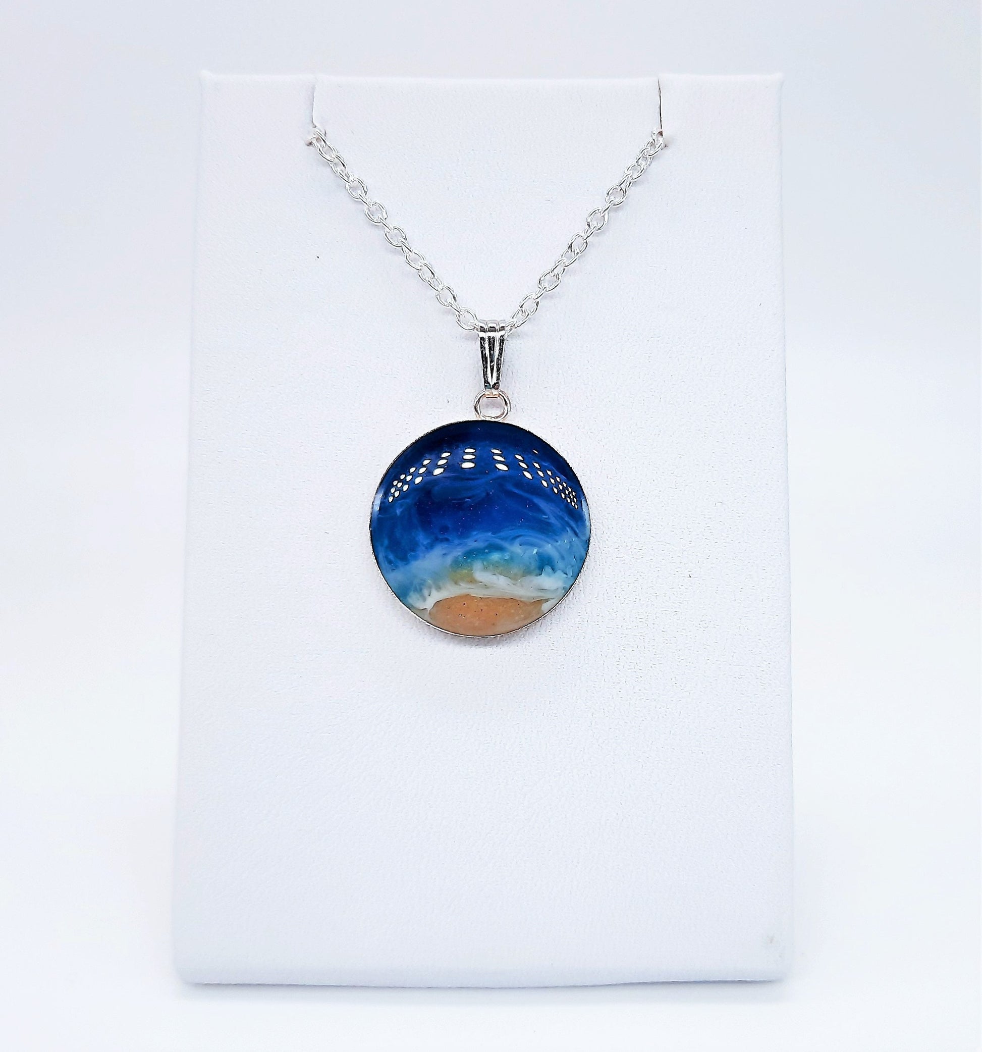 Handmade 925 Sterling Silver Resin Waves Ocean Pendant Necklace, Beach Scene, Made with Real Sand, Resin, and Mica - NOT A PHOTOGRAPH!