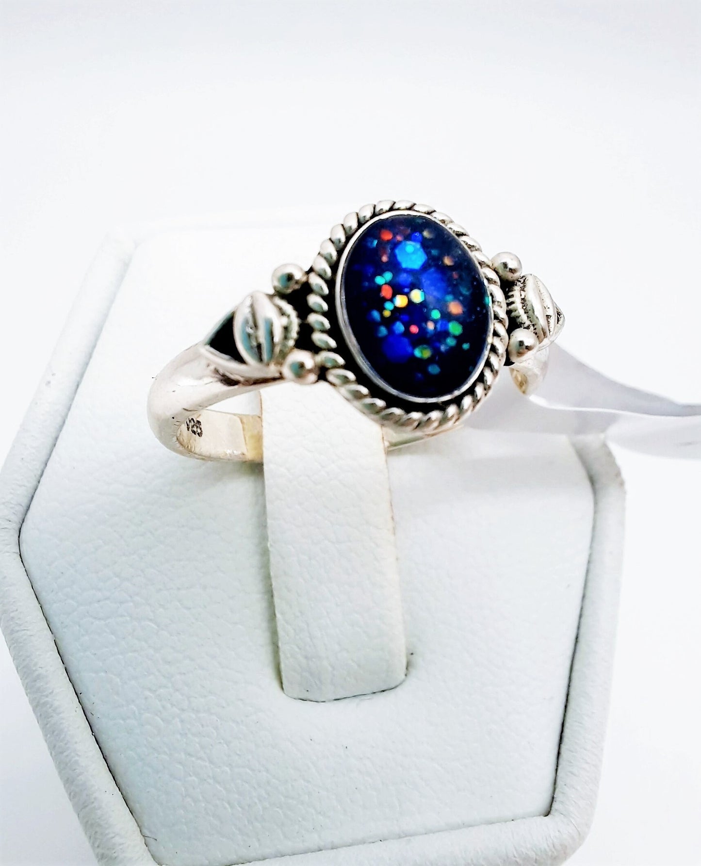 Handcrafted / Handmade Antiqued 925 Sterling Silver Ring, Made with Iridescent Dark Blue Resin, Mica, and Holographic Powder