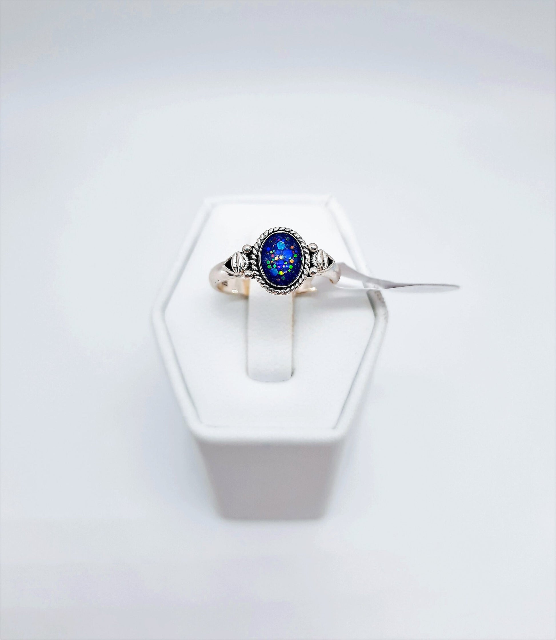 Handcrafted / Handmade Antiqued 925 Sterling Silver Ring, Made with Iridescent Dark Blue Resin, Mica, and Holographic Powder