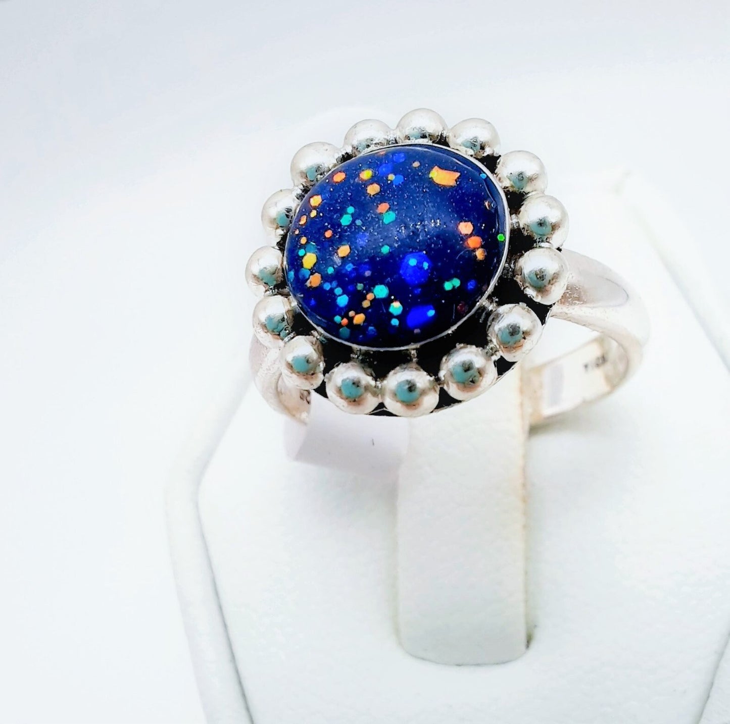 Handcrafted / Handmade Lapis (like) Antiqued 925 Sterling Silver Ring, Made w/ Dark Blue Resin, Iridescent Glitter, & Holographic Powder