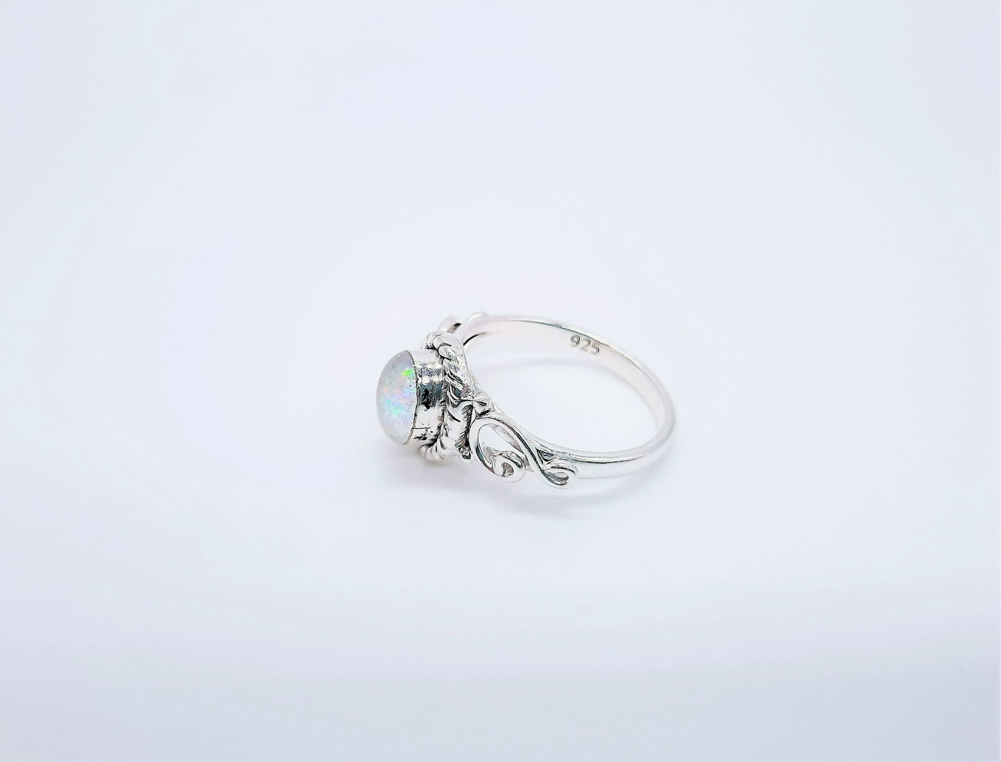 Handcrafted / Handmade Antiqued 925 Sterling Silver Ring, Genuine White Opal Setting, Domed with Holographic Resin