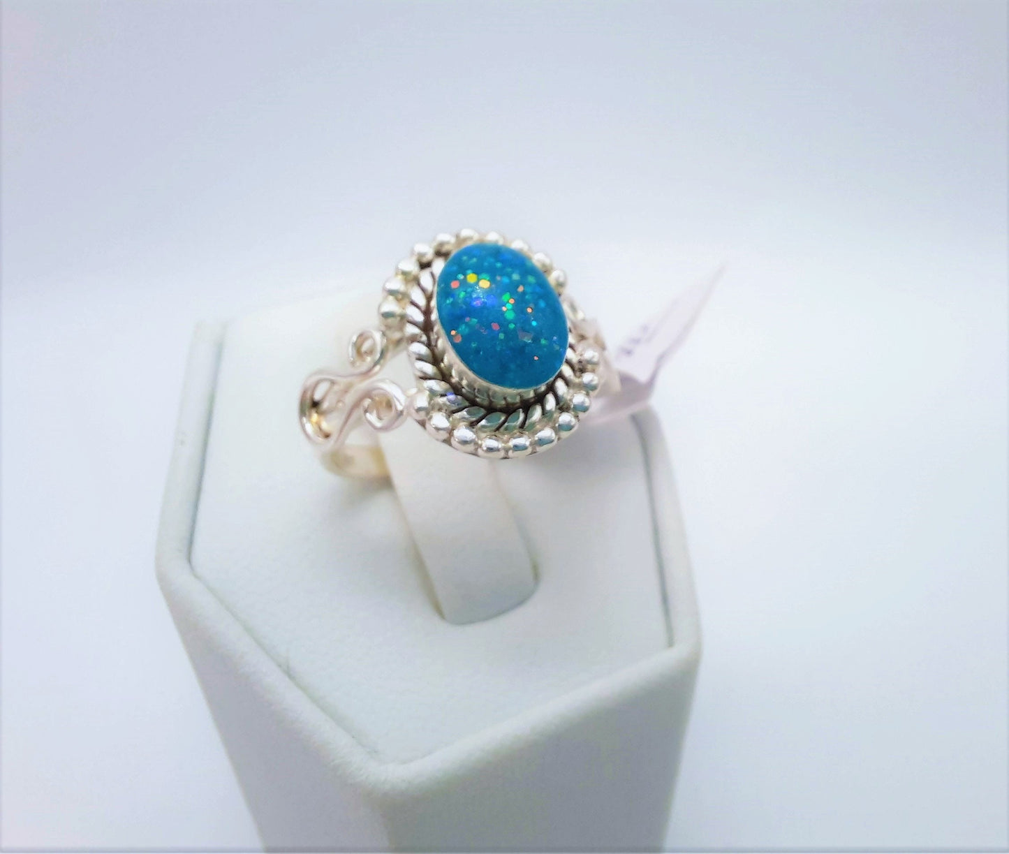 Handcrafted / Handmade Antiqued 925 Sterling Silver Ring, Oval, Size 7, Made with Iridescent Teal Blue Resin, Glitter, & Holographic Powder