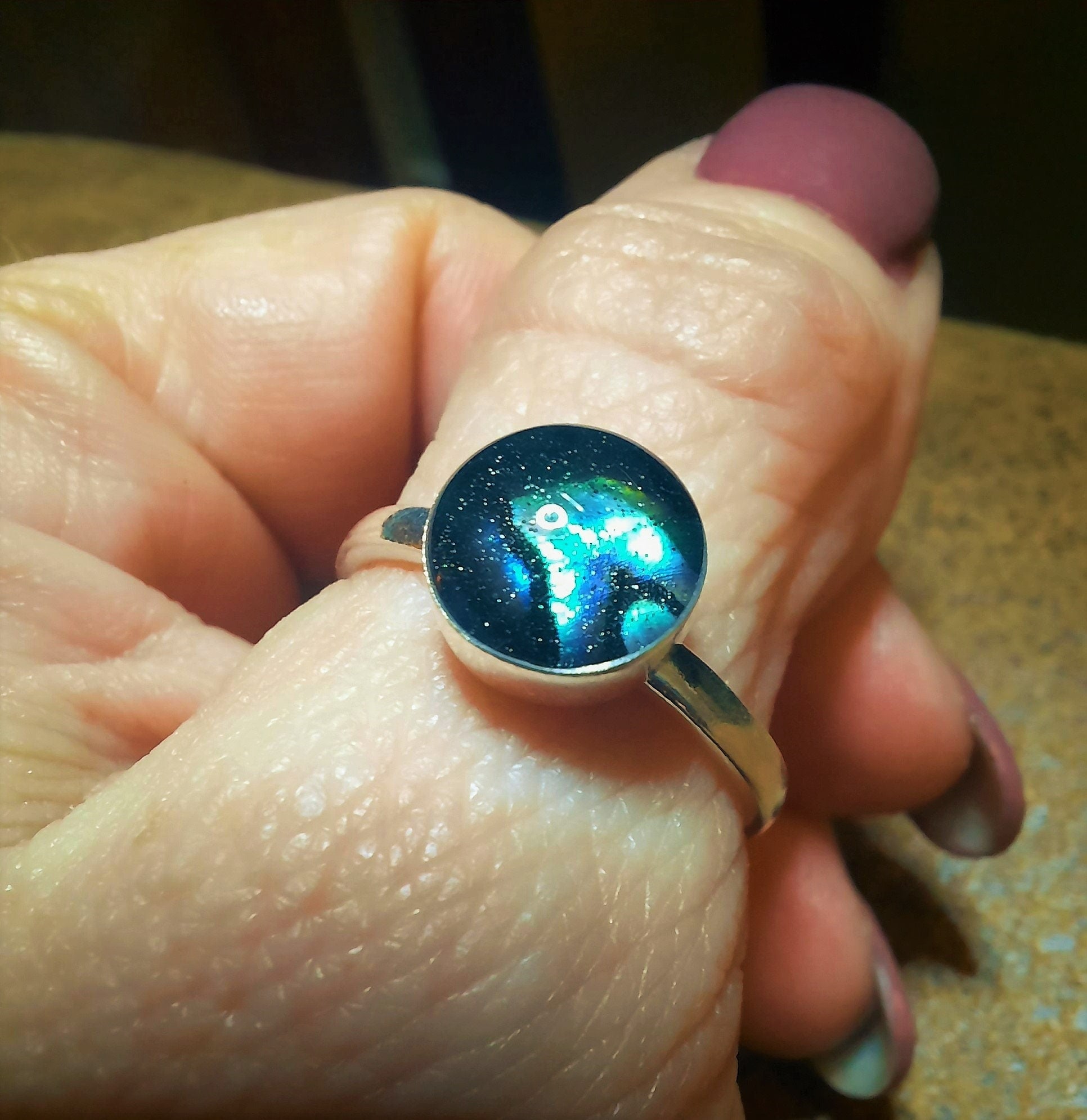 Handmade / Handcrafted 925 Sterling Silver Natural Abalone / Paua Seashell Ring, Sealed with Holographic Mica Infused Resin