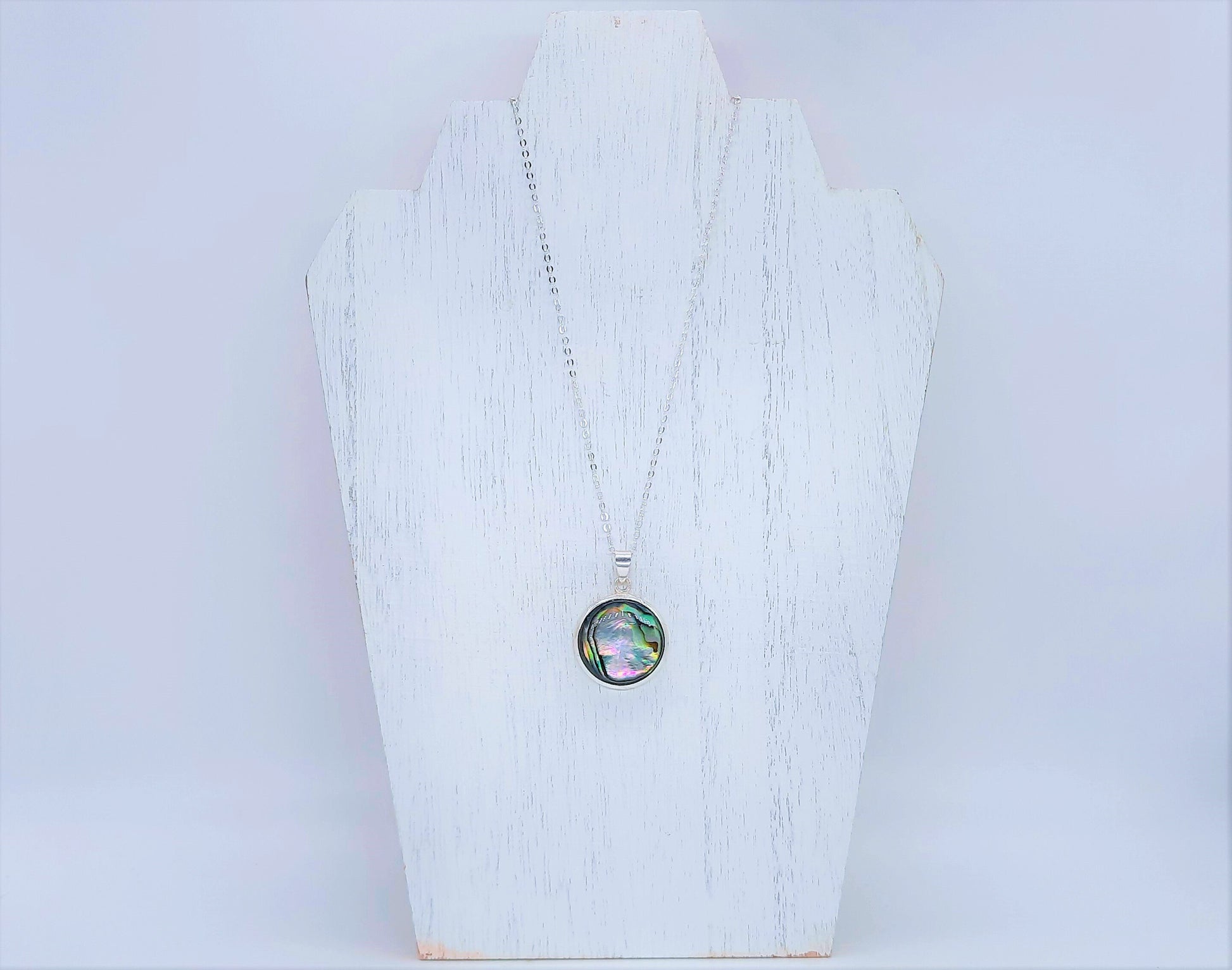 Handmade / Handcrafted 925 Sterling Silver Natural Abalone / Paua Seashell Necklace, Sealed with Holographic Mica Infused Resin